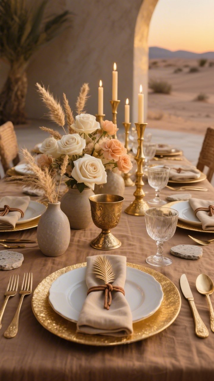 Photorealistic wide shot of a Gilded Desert Luxe Seder table: camel-toned tablecloth, gold-rimmed chargers beneath creamy porcelain plates, smoky glass goblets, sandy linen napkins tied with thin leather cord and a tiny dried palm frond. Sculptural florals of ivory roses, dried grasses, and pale apricot blooms arranged in matte ceramic vases. A cluster of brass candlesticks at varying heights casts warm, sunset-like light; hammered-gold flatware, stone coasters, and a low-profile centerpiece maintain an expansive feel. At the head of the table, a hand-cast brass Elijah’s cup anchors the scene. Palette of camel, ivory, muted gold, and smoke; photographed at twilight with soft, golden side lighting.