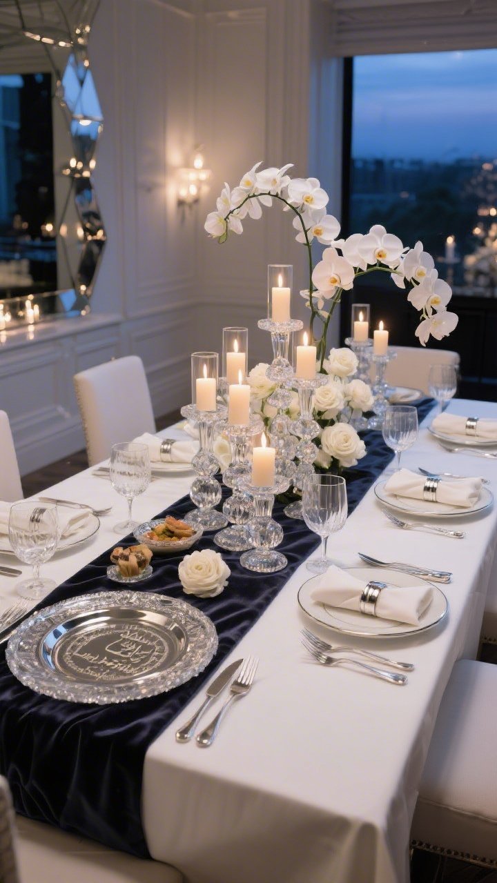 Photorealistic wide shot of a glamorous “Luxe Lucite & Candlelight” dining table at dusk: pure white linen with a charcoal silk runner, clear glass chargers with mirrored rims, bone china with platinum edge, satin-finish silver flatware, lucite napkin rings gleaming. Center composition of staggered crystal candlesticks and floating candles in glass cylinders, a winding chain of white orchids and ranunculus creating a cloud-like effect. Cut-crystal goblets and sleek modern wine stems sparkle. Etched glass Seder plate on a mirrored base spotlighting each symbolic food. Room bathed in layered candlelight, reflective surfaces amplifying glow, shot from a corner angle to capture depth.