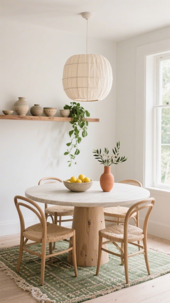 Photorealistic wide shot of a light-filled dining nook: round pale-wood pedestal table surrounded by curved wishbone chairs with paper-cord seats; overhead, a softly glowing pleated linen drum pendant; a floating oak shelf on the wall displaying hand-thrown ceramics in neutral glazes and a single trailing pothos; tabletop styling kept light with a stoneware bowl of lemons and a slim terracotta vase holding olive branches; flat-weave kilim runner defining the zone; palette of natural wood, ivory, and sage green accents; bright, airy daylight.
