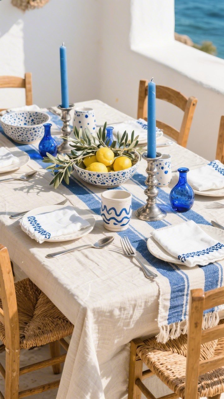 Photorealistic wide shot of a Mediterranean coastal-inspired dining scene bathed in sunlit warmth; washed-linen tablecloth in soft sand with a handwoven runner in indigo and sky-blue stripes; rattan and cane-back chairs; hand-painted cobalt ceramic candlesticks (or polished pewter) catching light; woven/embroidered challah cover in sapphire and white; centerpiece bowls of lemons, olive branches, and scattered blue glass bud vases; blue-speckle stoneware, white napkins with blue whipstitch edges, hammered silver flatware; a ceramic kiddush cup with a delicate wave pattern; captured from a corner angle to show layered blues and textures.