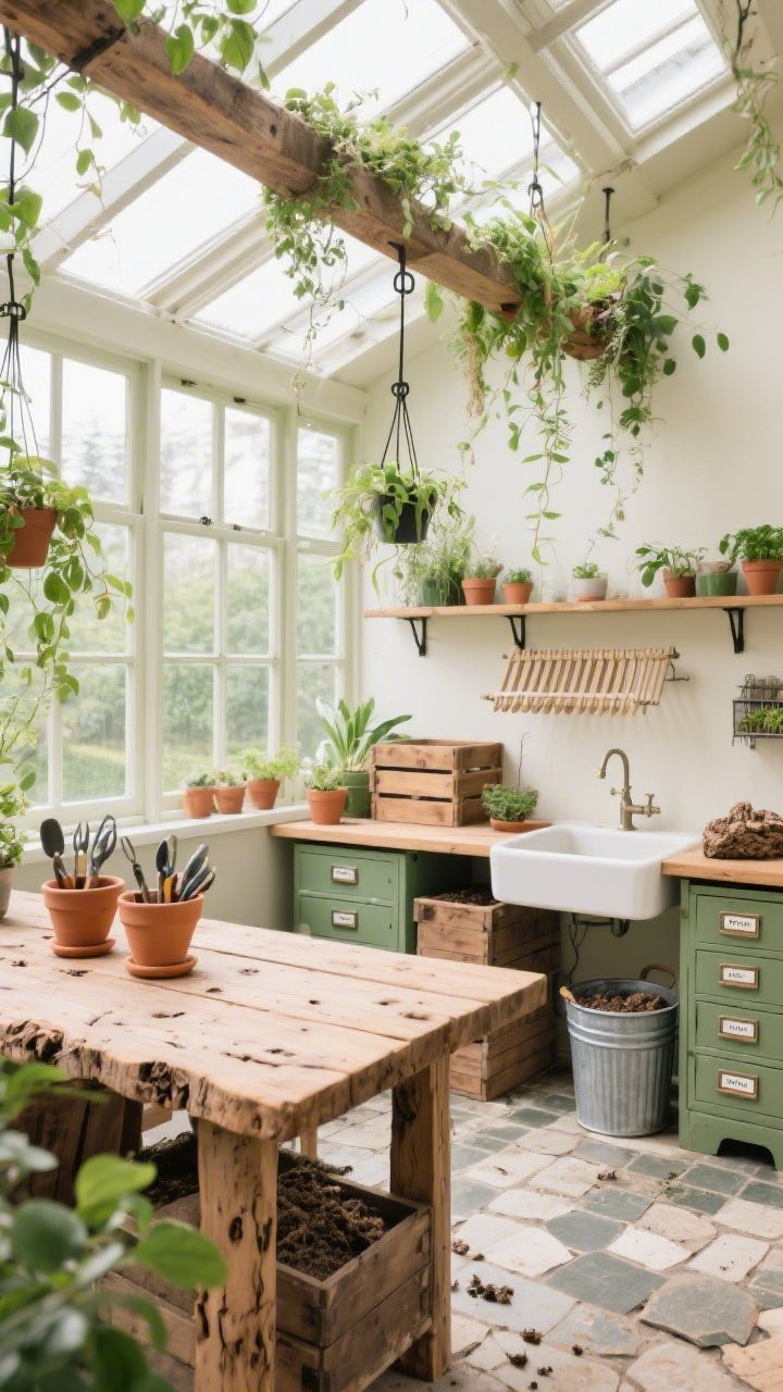 Photorealistic wide shot of a Nature-Forward Greenhouse Workspace: wall of windows and skylights flooding the room with daylight; live plants trailing from rafters and perched on iron plant stands; reclaimed oak workbench with visible knots; terracotta pottery caddies holding tools; stone-tiled floor handling mess gracefully; potting sink, slatted drying rack, wooden crates, galvanized bins, and seed drawers with label frames; palette of leaf green, clay, bark, cream; fresh, airy conservatory feel.