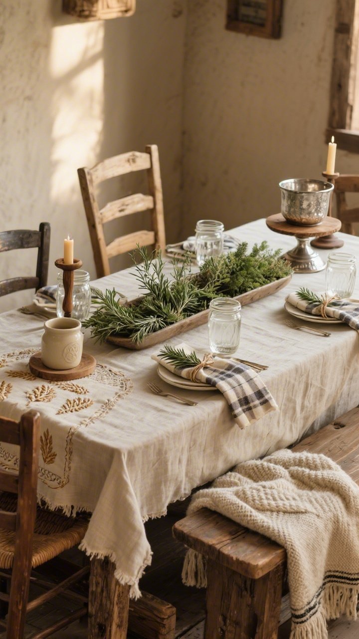 Photorealistic wide shot of a rustic farmhouse dining table in cozy late-afternoon light; raw-edge flax linen tablecloth with reclaimed wood ends visible; mismatched ladder-back chairs and a bench draped with a chunky throw; vintage-style pewter or hand-turned wooden candlesticks; cream hand-knit/embroidered challah cover with subtle barley motifs; long trough centerpiece filled with herbs (rosemary, thyme, sage) releasing a green freshness; cream stoneware, mason-jar water glasses, plaid napkins tied with twine and a sprig of rosemary; hammered silver kiddush cup elevated on a wooden cake stand; warm, inviting, slightly imperfect textures; captured from a corner perspective.