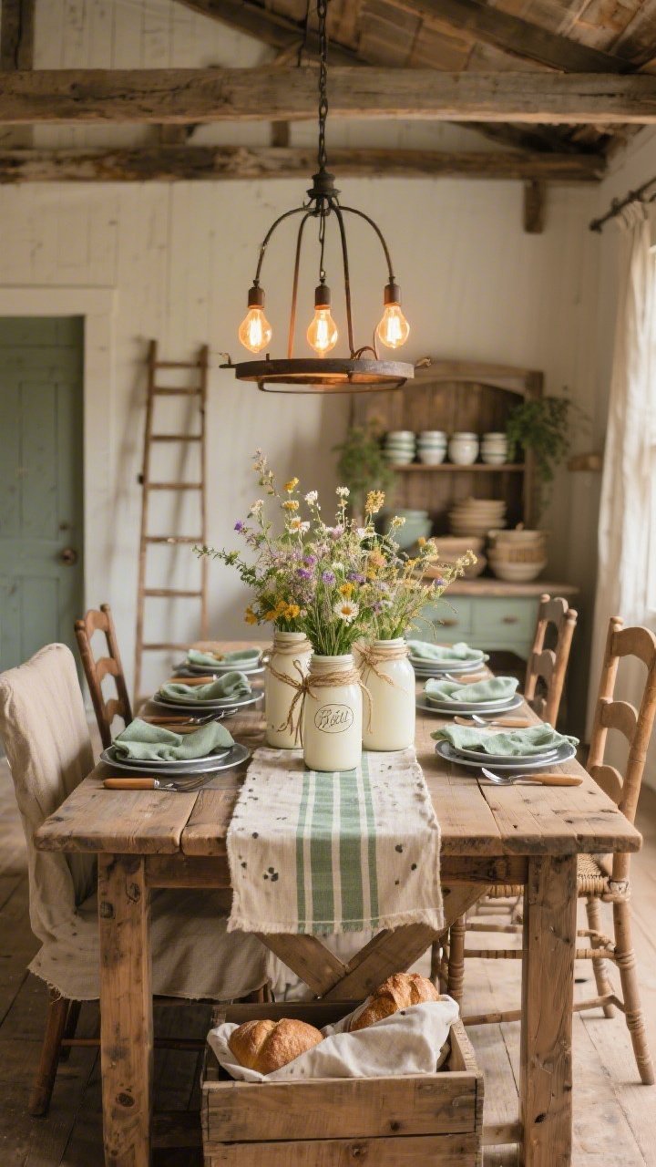 Photorealistic wide shot of a rustic farmhouse dining room: sturdy oak trestle table with a collected mix of ladder-back chairs and slipcovered chairs in flax linen. Grain-sack striped runner down the center; speckled cream stoneware stacked on galvanized chargers, checked napkins in soft sage, and wood-handled flatware. Centerpiece of mason jars and milk-bottle vases filled with wildflowers tied with raffia; a vintage wooden crate holds linen-wrapped bread loaves. Overhead iron chandelier with Edison bulbs casts a cozy amber glow; warm, welcoming ambiance, no people.