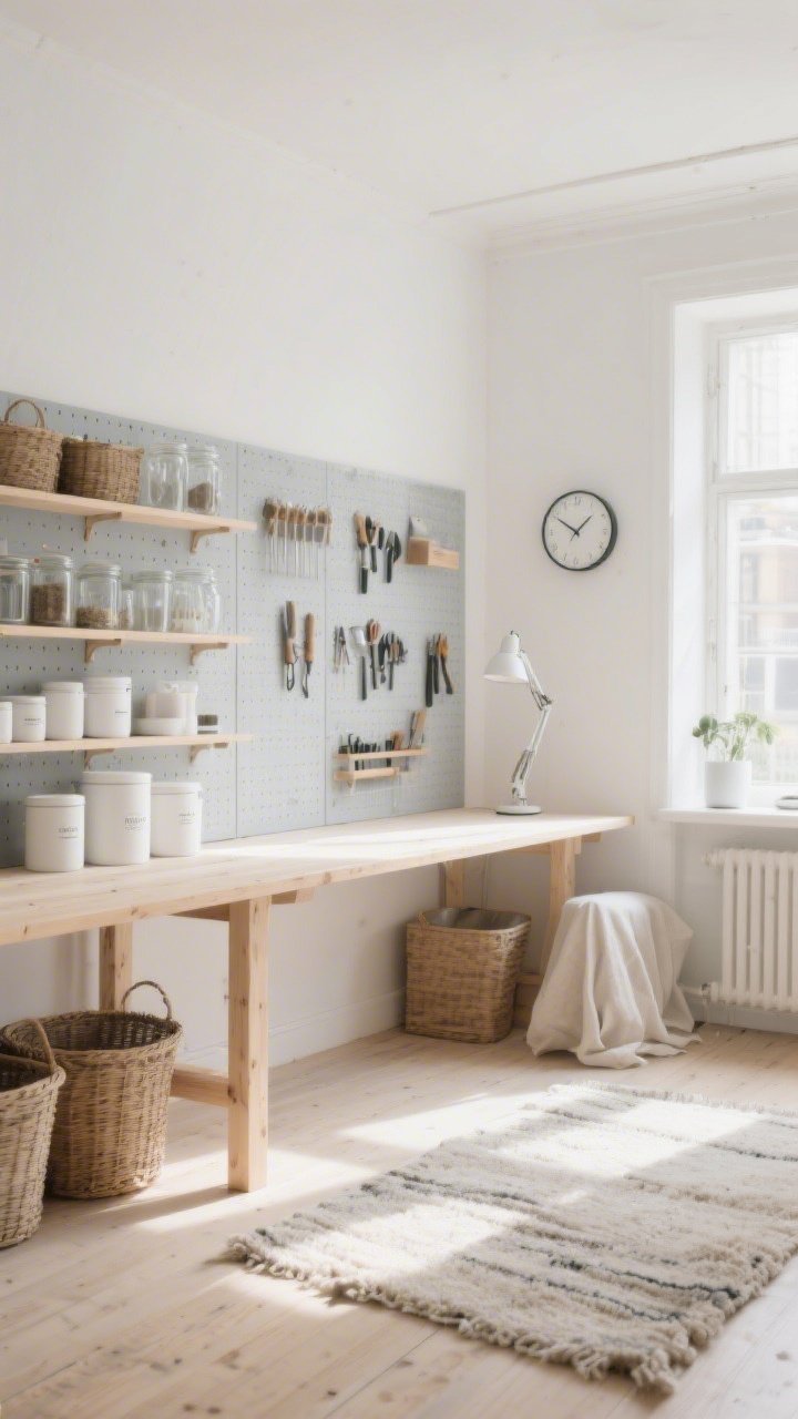Photorealistic wide shot of a Sunlit Scandinavian studio: whitewashed walls and blond wood throughout, a long birch worktable centered, slim pegboard wall painted soft dove gray with neatly arranged tools, open shelves with baskets, glass jars, and matte white canisters; linen textures and a wool rug underfoot; minimal wall clock and streamlined task lamp; palette of white, oat, pale gray, natural wood; soft morning sunlight flooding the space, clean and airy mood, no people.