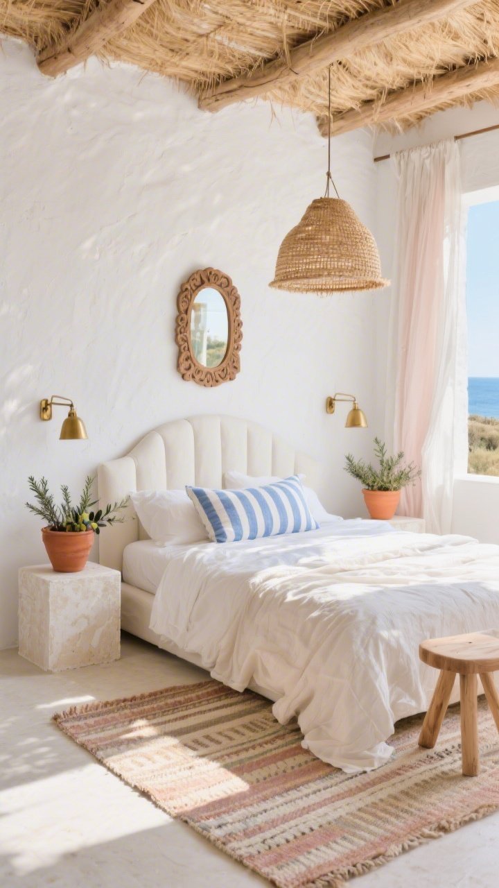 Photorealistic wide shot of a Sunwashed Mediterranean Loft: white-plastered walls reflecting bright coastal light; curved ivory upholstered headboard with a crinkled cotton coverlet; terracotta pots with olive and rosemary on limewashed plaster cube nightstands/light wood stools; flatweave kilim rug in faded stripes; woven grass pendant overhead and brass task sconces by the bed; carved wood mirror, gauzy curtains moving slightly; palette of chalky white, sand, blush terracotta, with a hint of sky blue via a blue-and-white striped lumbar pillow; sun-dappled, vacation-breezy atmosphere.