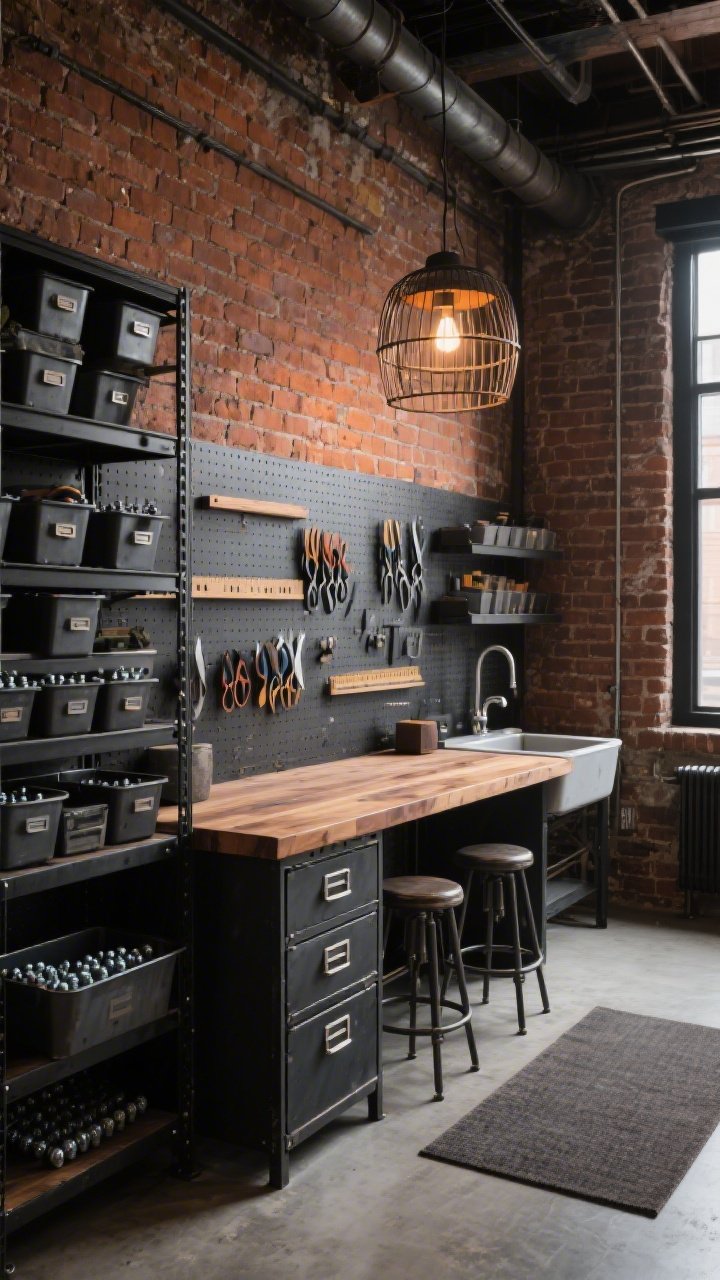 Photorealistic wide shot of an Industrial Maker Loft: exposed brick walls, black steel shelving stacked with bolt bins and metal drawer units, a reclaimed butcher-block island as the central workstation; heavy-duty pegboard and magnetic bars displaying shears and rulers; work stools and a utility sink in view; cage pendant overhead casting warm light; concrete-look floor mat for comfort; palette of rust, charcoal, walnut, steel; gritty, functional mood.