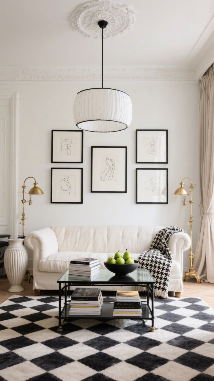 Photorealistic wide shot, Parisian-inspired living room bathed in natural light: creamy ivory walls with a simple ceiling medallion and a white drum pendant, cream slipcovered sofa facing a black metal coffee table with a glass top, styled with a stack of art books and a low bowl of green pears; oversized black frames with minimalist line art in a symmetrical arrangement; antique brass pharmacy lamps flanking the sofa; checkerboard rug underfoot, fluted ceramic vase and herringbone throw on sofa arm; linen curtains hung high and wide, matte black and brass accents throughout; color palette of ivory, matte black, brass, and soft taupe; straight-on perspective emphasizing contrast and symmetry.
