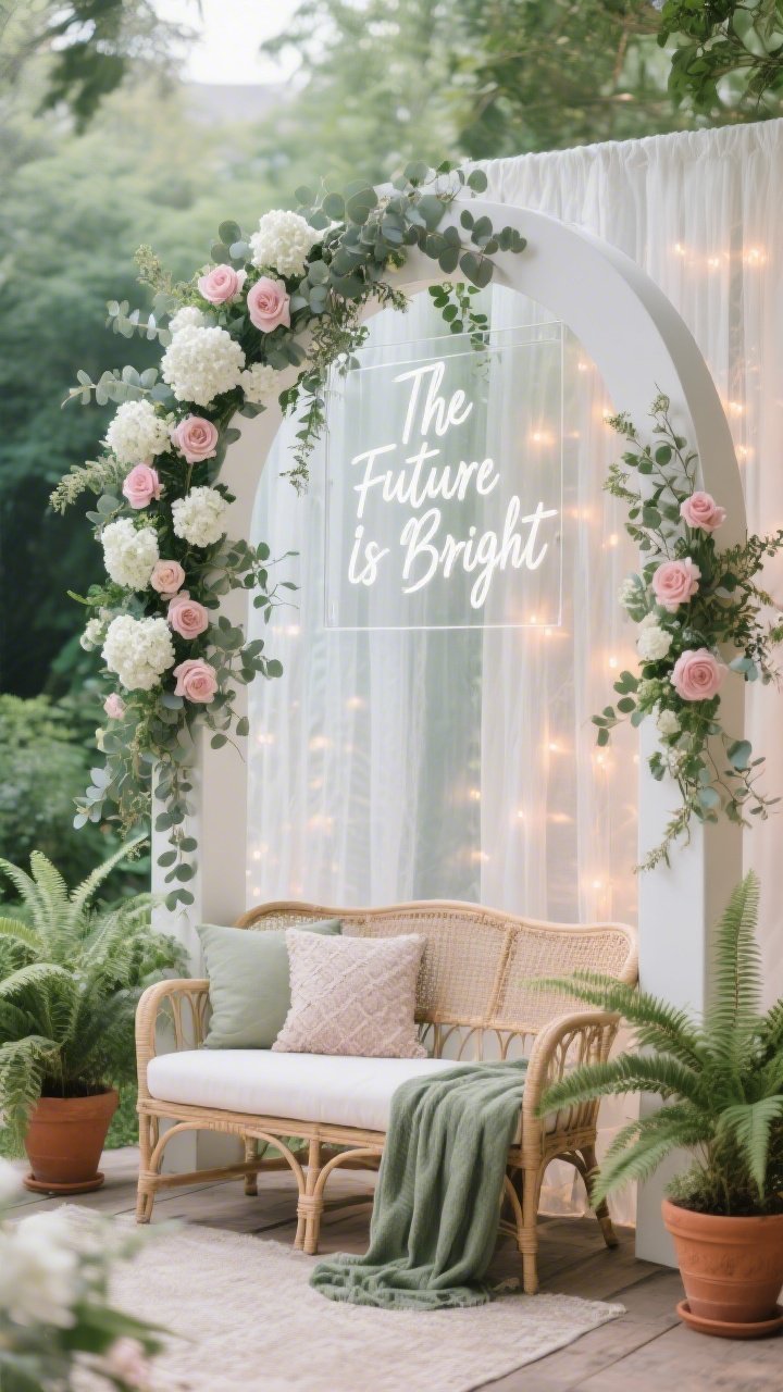 Photorealistic wide shot, slightly angled corner perspective: a garden party arch made of white arched frame covered with cascading faux eucalyptus, white hydrangeas, and blush roses trailing asymmetrically from top corner to bottom leg; behind the arch, sheer curtains with warm fairy lights glowing softly; in front, a vintage rattan loveseat styled with textured pillows and a sage throw; terracotta pots with ferns flanking both sides; a clear acrylic hand-lettered sign clipped to the arch reading “The Future Is Bright”; color palette soft greens, whites, blush; gentle, diffused lighting for airy botanical ambiance, no people.