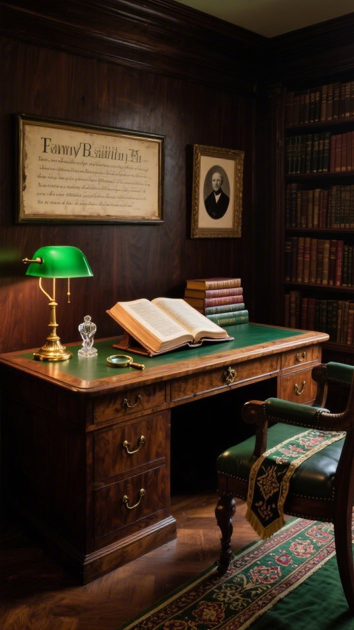 Photorealistic wide shot, slightly angled perspective of a heritage library verse display: dark walnut writing desk with brass hardware in a classic study; antique family Bible open on a leather book rest; brass desk lamp and a green banker’s lamp casting warm library glow; magnifying glass and small stack of hymnals; framed black-and-white ancestor photo; crystal paperweight and embroidered silk ribbon bookmark; narrow Persian-style desk runner adding richness; palette deep walnut, hunter green, brass, parchment; textures aged leather, polished wood, glass, silk; moody, scholarly ambiance, no people