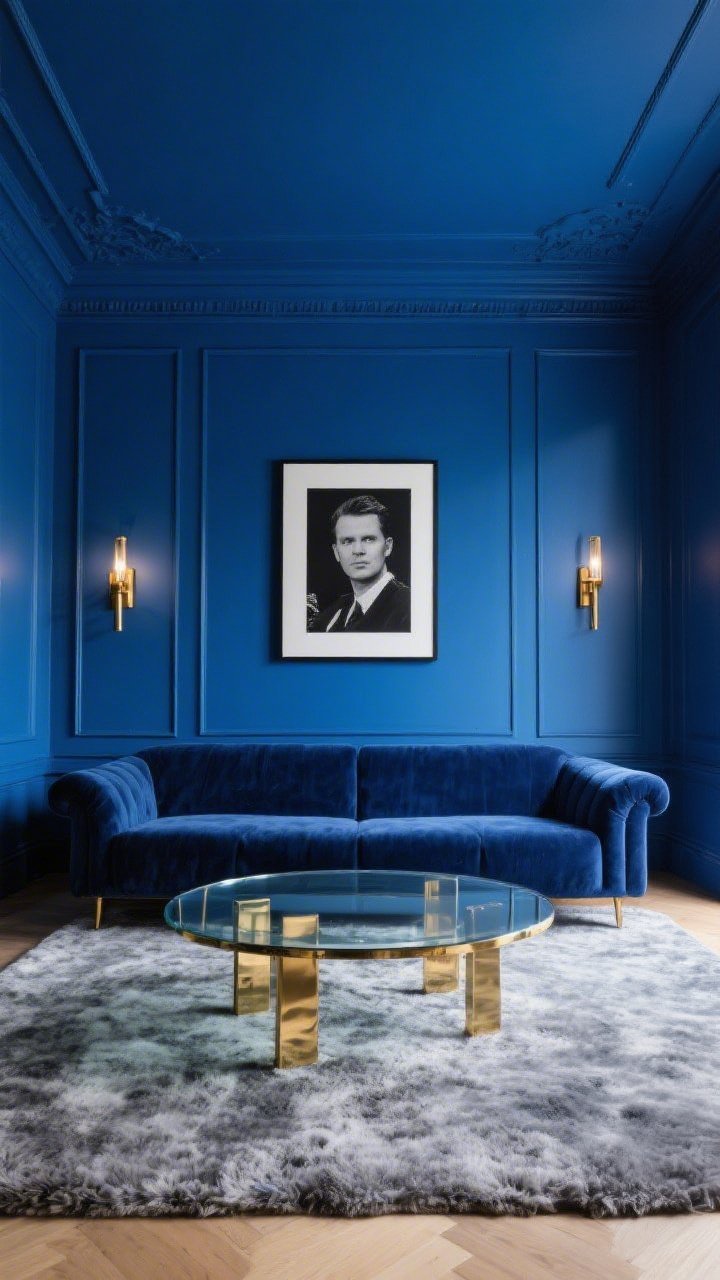 Photorealistic wide shot, straight-on: a jewel-box living room fully drenched in deep cerulean blue—walls, trim, and painted ceiling—cocooning a low-slung ink-blue velvet sofa. Brushed brass sconces flank oversized black-and-white photography. A glass-and-brass coffee table sits on a chunky heather gray wool rug. Soft, moody ambient lighting with warm brass highlights and subtle reflections in the glass, no people.
