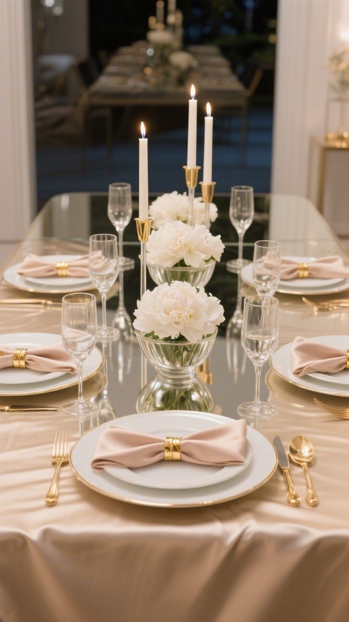 Photorealistic wide shot straight-on of a contemporary glam dining table: champagne-colored satin tablecloth with gentle sheen, lucite candlesticks with ivory tapers creating a floating flame effect, white coupe plates on mirrored gold chargers, champagne flutes featuring a thin gold ring alongside low, wide water glasses. Centerpiece is a trio of low glass bowls brimming with lush white peonies. Nude-toned satin napkins folded into sleek fans, secured with slim gold cuffs. Balanced reflective highlights, soft ambient evening light to enhance mirror shine without glare; palette of champagne, ivory, mirrored gold, clear; no people.