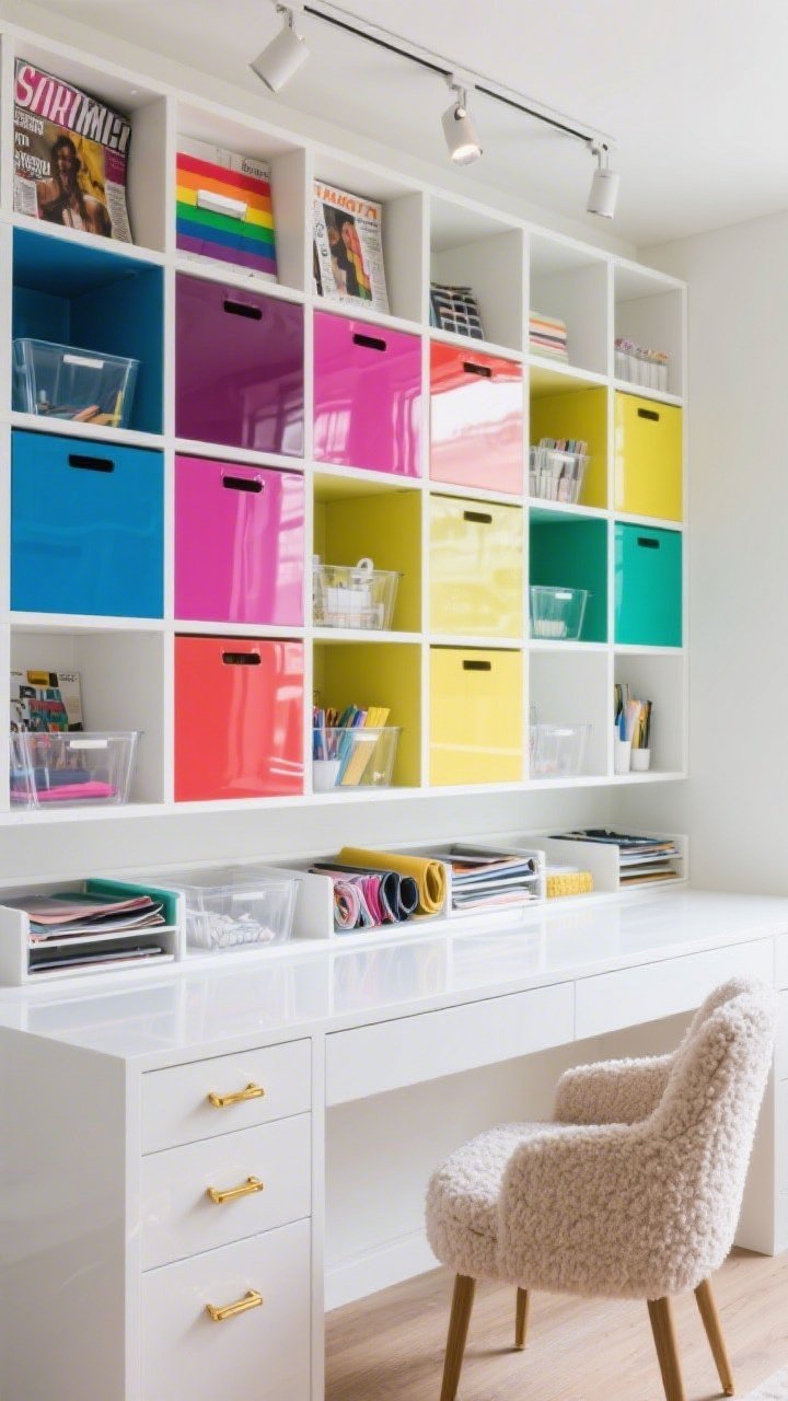 Photorealistic wide shot, straight-on of a high-gloss color-pop storage grid: crisp white cubby shelving climbing the wall with each row backed by glossy lacquer panels in cobalt, fuchsia, lemon, and jade; clear acrylic bins neatly slotted in each cube showing visible supplies; rainbow magazine files on top; lower pull-out trays for vinyl sheets and fabric offcuts; a white lacquer desk with gold hardware sitting flush against the grid; plush boucle chair; track lighting spotlighting the shelves for a candy-colored, energizing backdrop