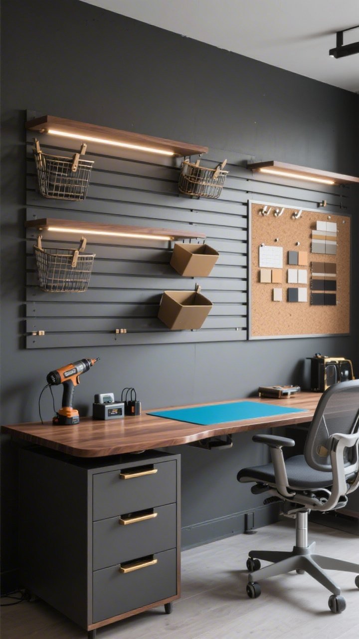 Photorealistic wide shot, straight-on of a modern tech maker wall: matte graphite wall outfitted with horizontal slat panels holding clip-on shelves, peg baskets, and tilt-out bins; each shelf illuminated by its own integrated LED task strip; sit-stand desk with waterfall edge in walnut; slim drawer stack for tech tools (heat gun, label maker, chargers) beside; palette of graphite, walnut, and brushed brass with a pop of electric blue on the desk mat; cork-and-metal hybrid board for swatches and notes; crisp, high-contrast lighting, sleek productivity vibe