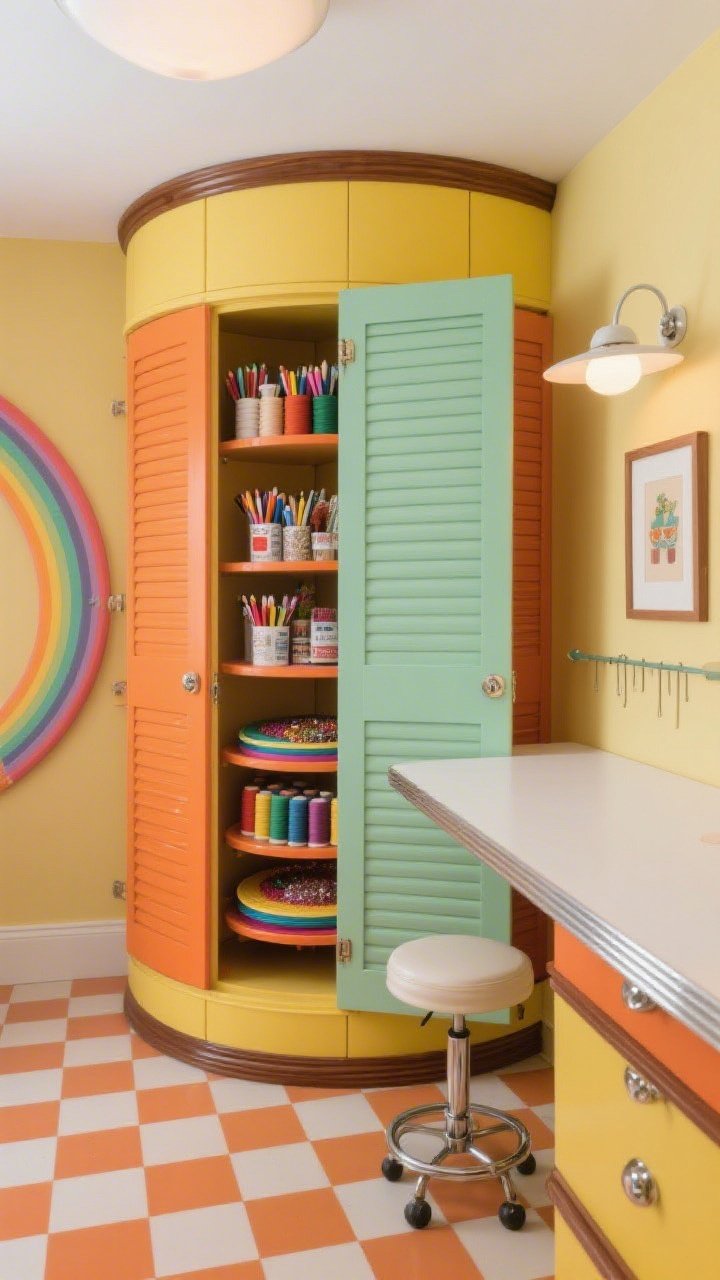 Photorealistic wide shot, straight-on, of a retro rainbow craft carousel closet: floor-to-ceiling round carousel units concealed behind flat tambour doors, one door slid open to show hidden lazy Susans with rotating tiers for markers, thread, glue, and glitter. Nostalgic palette of tangerine, avocado, and sunny yellow accents with walnut trim; retro-white laminated worktop with chrome edge banding; checkerboard peel-and-stick floor. A compact flip-out stool nested inside the base; one carousel quadrant with a mini gallery rail partially revealed. Cheerful, vintage-modern lighting, no people.
