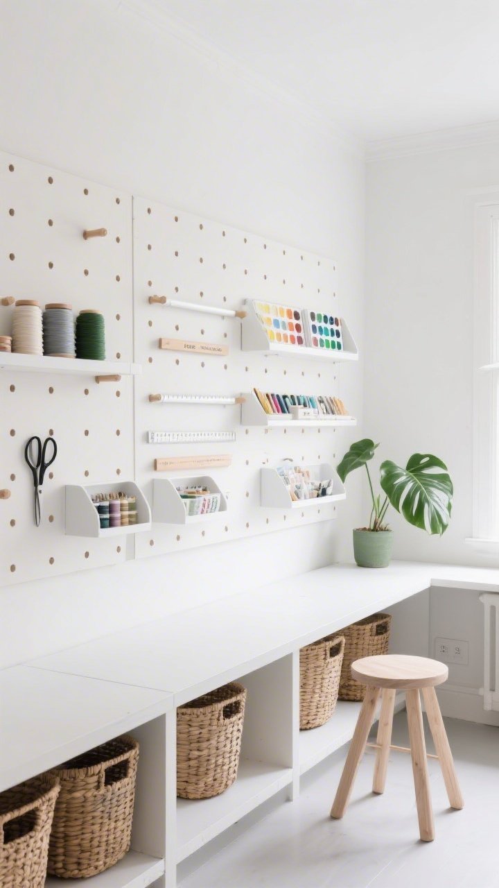 Photorealistic wide shot, straight-on view of a Scandinavian craft nook: bright white walls and a full-height modular birch pegboard wall behind a narrow worktable; floating shallow ledges, adjustable pegs, and mini shelves arranged with labeled trays holding washi tape, thread spools, and watercolor sets; matte-white magnetic bars organizing shears and rulers; natural rattan baskets lining the lowest shelf; palette of white, pale birch, soft gray, and eucalyptus green; clean-lined stools and a small potted monstera; soft daylight, calm minimal mood