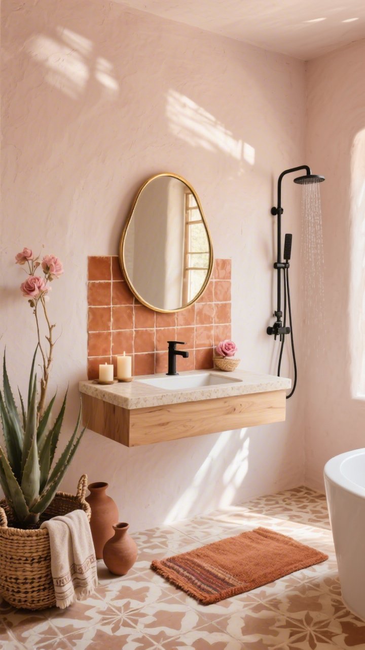 Photorealistic wide shot, Sun-Washed Desert Sanctuary bathroom: soft blush and bone limewashed walls with a sun-dappled feel; handmade terracotta-toned zellige tile backsplash around a rounded, brass-trimmed mirror; floating white oak vanity with sand-colored quartz top; matte black faucet and exposed-pipe matte black rain shower visible; patterned encaustic floor tiles in adobe and cream; accents of agave in a woven belly basket, desert-rose candles, and clay vessels; stonewashed Turkish towels and a terracotta bath mat; warm, natural morning light from a side window, high contrast shadows, no people.