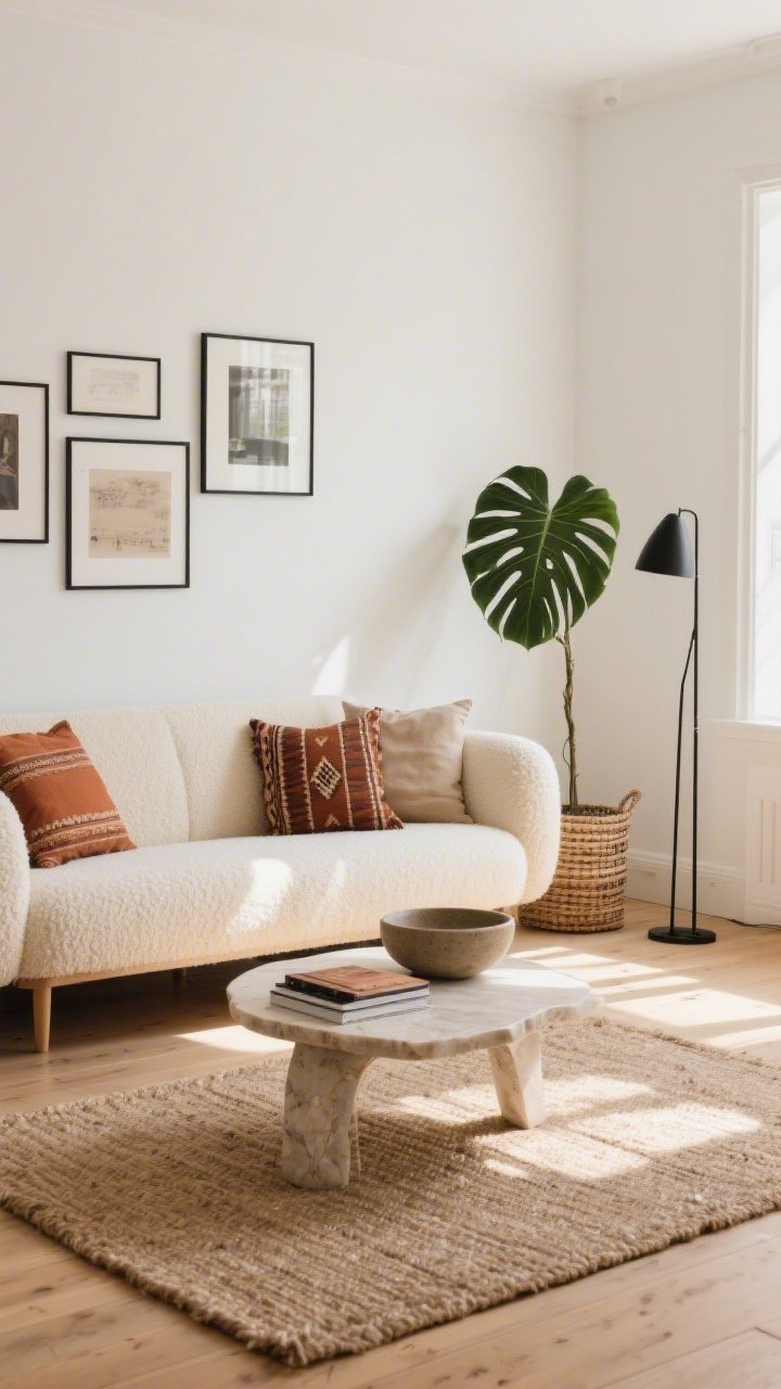 Photorealistic wide shot, sun-washed living room in Scandi Boho style: warm white walls, pale oak floors, a low, cream bouclé sofa with simple tapered legs centered on a chunky jute rug; a curvy travertine coffee table holding a stoneware bowl and a few art books; mudcloth and linen cushions in clay, rust, and oat scattered on the sofa; a tall fiddle-leaf fig in a woven basket in the corner; a slender black metal floor lamp for crisp contrast; pared-back gallery wall of thin black frames; palette of cream, sand, rust, and soft black accents; natural daylight streaming in, soft shadows, no people.