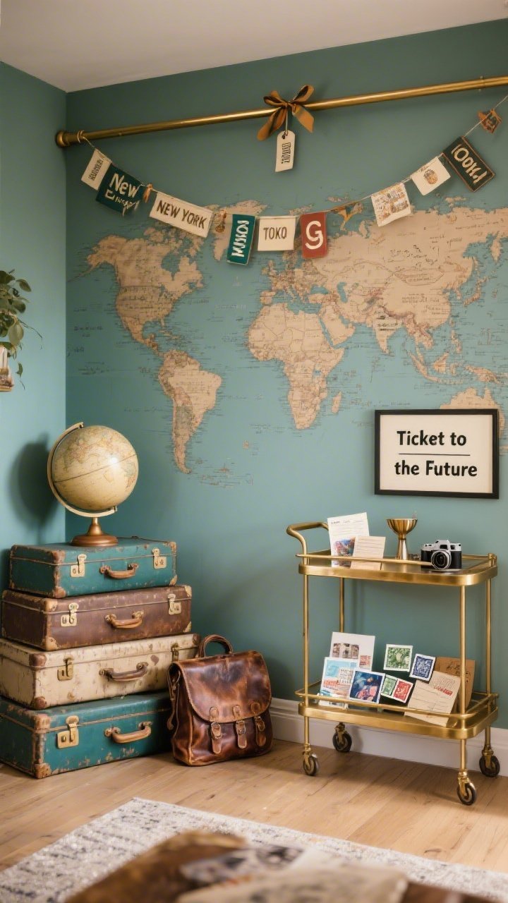 Photorealistic wide shot, three-quarter room angle: a peel-and-stick vintage world map mural covering the backdrop; a slim brass rod across the top holding ribbon-tied destination tags in the grad’s colors labeled New York, Tokyo, Madrid; stacked vintage suitcases angled to create depth, with a globe on a stand and a worn leather camera bag as props; a small brass bar cart styled with postcards, stamps, and a framed sign reading “Ticket to the Future”; color palette of sepia, teal, brass, travel neutrals; textures of worn leather, paper, metal hardware; warm, editorial lighting, no people.