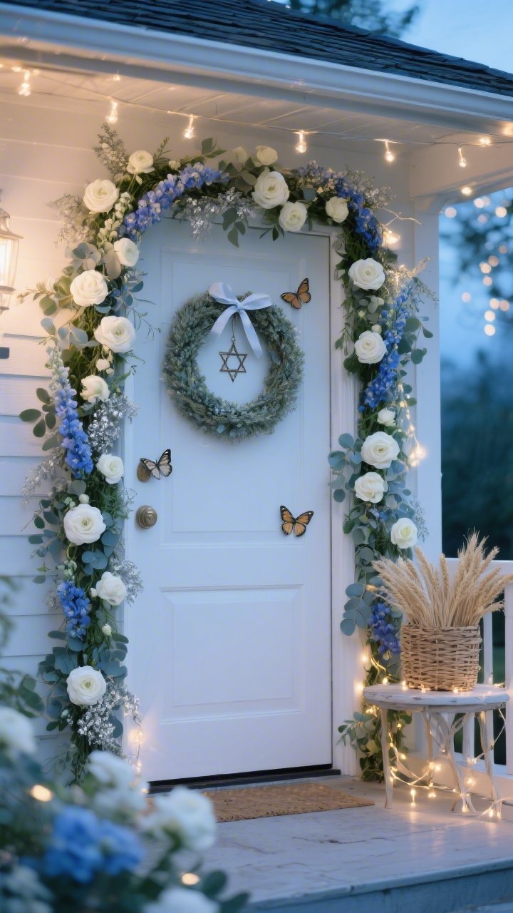 Photorealistic wide, slightly angled front-porch scene titled “Blooming Exodus Garden”: a doorframe wrapped in a lush garland of white ranunculus, pale blue delphinium, and silvery eucalyptus; a round wreath on the door with a small, tasteful Star of David charm near the ribbon knot; tiny silk butterflies discretely woven among blooms; woven basket of faux wheat on a side table; soft warm fairy lights threaded through the garland for a twilight glow; color palette white, powder blue, silvery green; captured at blue hour with gentle bokeh from the lights.
