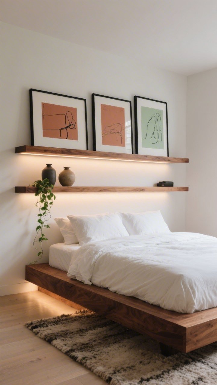 Photorealistic wide, straight-on bedroom shot: a warm white wall with three long oak floating ledges stacked above a low-profile walnut platform bed; slim black frames displaying muted terracotta prints, charcoal line drawings, and a touch of sage, staggered along the shelves with two ceramic vases and a trailing pothos for movement; subtle LED strip lighting under the bottom shelf casting a museum-like glow onto crisp white linen bedding and a cozy wool area rug; clean, artful, elevated minimalism palette of warm white, oak, charcoal, terracotta, and sage; evening ambiance with soft, indirect lighting; no people.