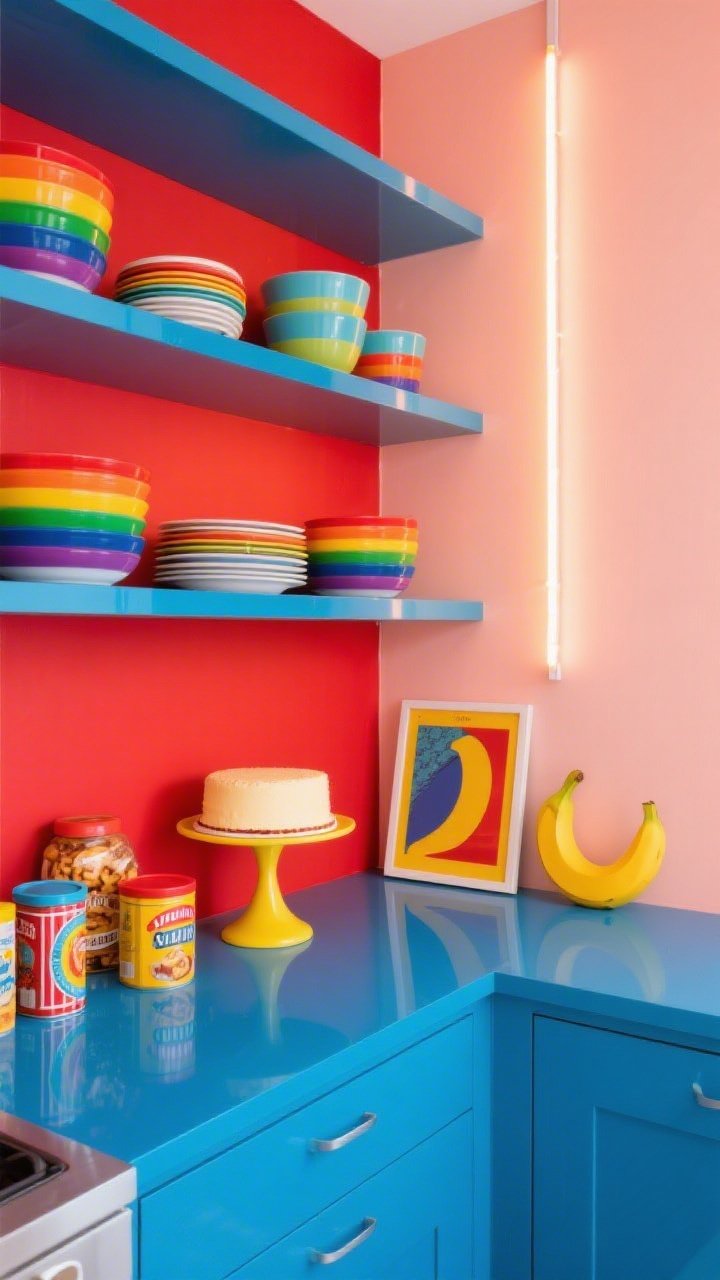 Photorealistic wide, straight-on pop art pantry scene: wall painted in a crisp color-block trio—tomato red, peach sorbet, and blush—divided by razor-sharp lines; high-gloss cobalt lacquered shelves popping against the backdrop; styled with stacked rainbow bowls, bright melamine plates, retro tins with graphic labels, neon-lidded containers of snacks, and a banana-yellow cake stand positioned like a sculpture; playful pop print leaning casually; LED strip lighting with neutral color temperature tuned to keep hues saturated and punchy; shapes kept simple so color dominates