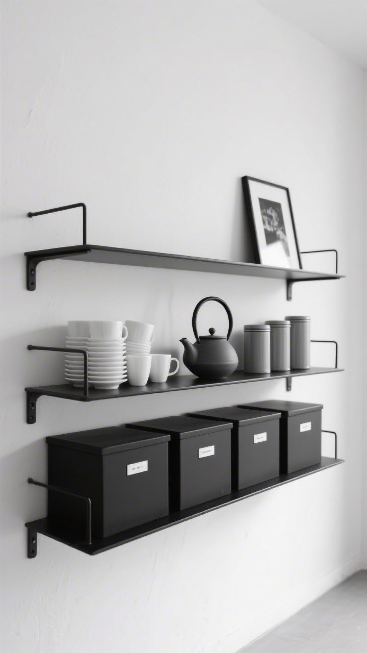 Photorealistic wide, straight-on shot of a monochrome minimalist gallery wall: matte black metal shelves against a chalky white wall, razor-clean lines and perfectly balanced composition; only essentials displayed—neatly stacked white porcelain mugs, graphite-toned canisters, and a single charcoal ceramic teapot as sculptural focal point; flat-front black storage boxes with tiny sans-serif labels conceal clutter; a single black-and-white photograph leaning casually; color story restricted to black, white, and soft gray with matte, glare-free finishes; bright diffuse daylight for crisp contrast