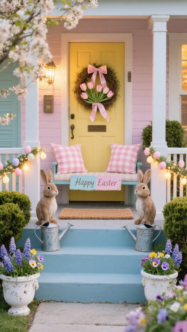 Photorealistic wide, straight-on shot of a pastel cottage garden entry in spring daylight: buttery yellow, blush pink, and robin’s egg blue palette; a front porch with a wreath wrapped in silk ribbons tucked with faux tulips on the door, gingham outdoor pillows on a bench, a gingham doormat layered over a jute rug; whitewashed urn planters lining the path brimming with pansies and hyacinths; a pair of distressed wood bunny statues flanking the steps; metal watering cans repurposed as vases; pastel egg garland draped along the railing; warm fairy lights weaving through boxwoods and around the banister; a painted “Happy Easter” sign hung low on the railing; soft golden evening glow beginning to appear from the lights.
