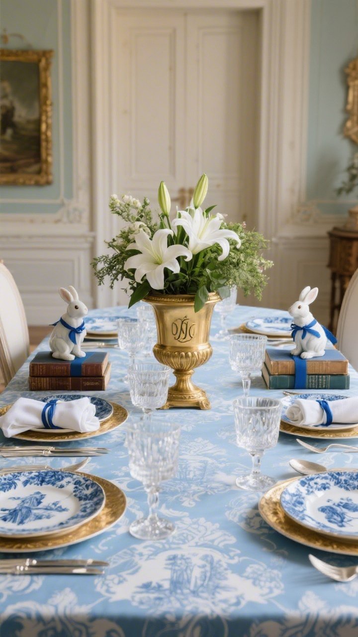 Photorealistic wide, straight-on shot of a traditional dining room showcasing neoclassical elegance: French blue damask tablecloth, soft-gold antique-style chargers, blue-and-white transferware or toile-pattern plates, cut crystal stemware; centerpiece is a gilded urn filled with white lilies and greenery; each end anchored by porcelain bunnies perched on stacked books wrapped in blue ribbon; monogrammed linen napkins rolled into porcelain napkin rings, classic silver flatware; refined, softly lit heritage ambiance; no people.
