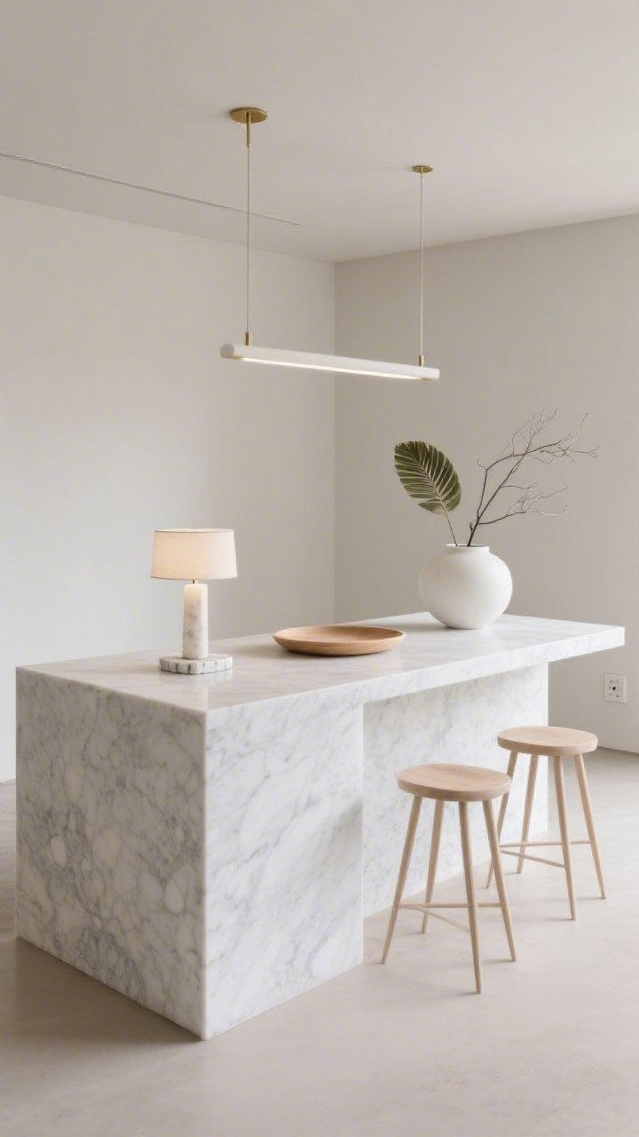 Photorealistic wide, straight-on shot of “The Minimalist Gallery Plinth”: a seamless waterfall island in white or pale gray quartzite with matching base, presented as a calm monolith. Ultra-edited styling with no more than three pieces: a slim alabaster lamp perched on a small marble coaster, a low oval tray in bleached oak, and a single oversized matte-white ceramic vessel holding airy branches or one tropical leaf. Slim linear LED pendant in soft brass or white nearly vanishes overhead. Backless stools in light ash with super-thin profiles. Palette of whispery neutrals—bone, pebble, cloud—with no heavy contrast. Hidden outlets, uncluttered sightlines, serene gallery mood; no people.