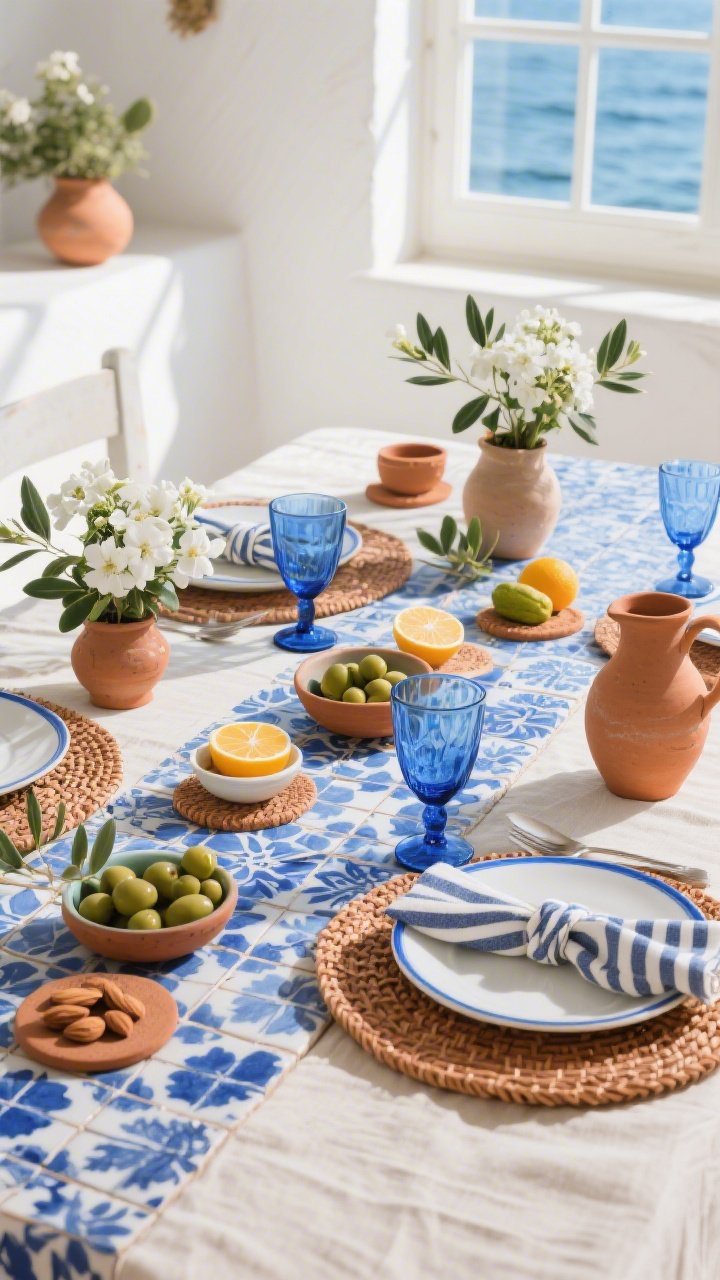Photorealistic wide, sunlit Mediterranean Fresh & Sunlit tablescape: a blue-and-white tile-print runner over natural linen, terracotta chargers beneath white plates with a cobalt rim, woven placemats, and hand-blown blue goblets sparkling in natural light. Casual striped napkins knotted loosely—no rings. Between settings, mini bowls of olives, citrus, and almonds are scattered among low clay vases of white geraniums and olive branches. Tile-patterned coasters and ceramic pitchers as water jugs enhance the coastal vibe. Bright, airy midday light streams in; palette of cobalt, white, terracotta, and olive green; shot from a corner angle to show depth.