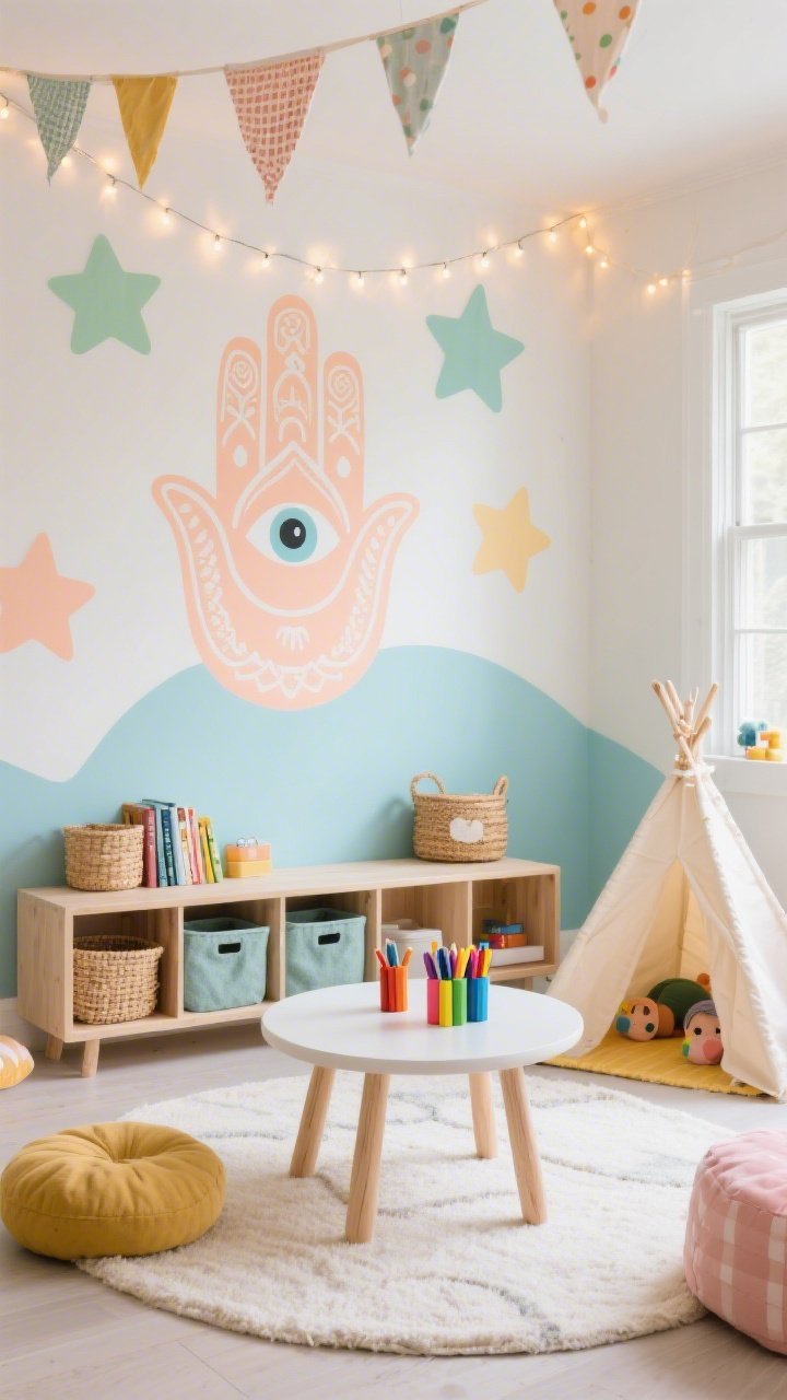 Playful kids’ playroom, straight-on medium shot: pastel Hamsa wall mural with friendly eyes and stars in soft peach, mint, and sky blue; low birch bookshelf, round table with chunky crayons, and a washable cotton rug; storage solutions with felt bins, woven baskets, and a bench with cubbies; twinkle lights strung overhead and fabric bunting for added color; floor cushions and a mini reading tent; bright, soft daylight creating a magical, safe feel, photorealistic.