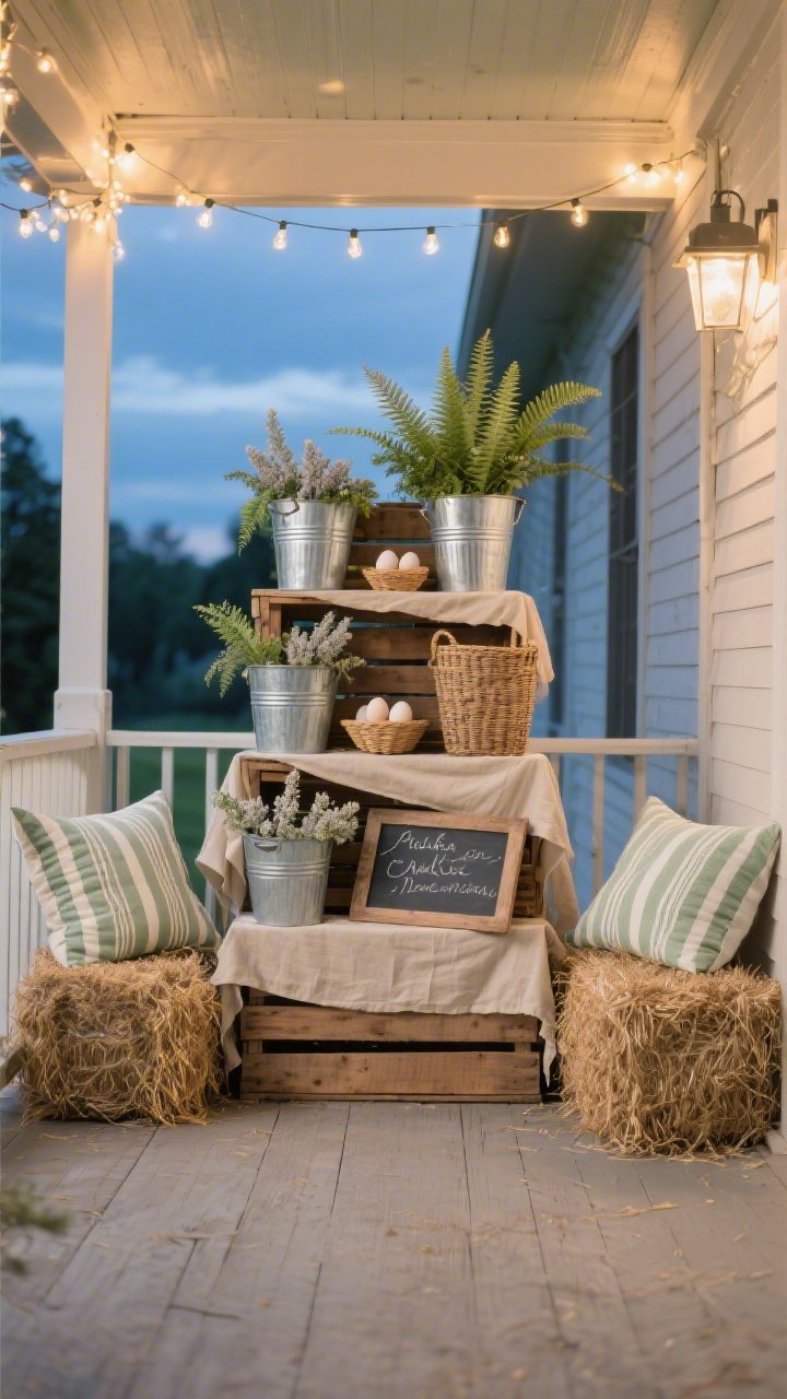 Porch photo-op with market charm, wide exterior shot straight-on: tiered display of stacked wooden crates centered, flanked by two full hay bales as seating; neutral linens draped over the top tier; galvanized buckets brimming with soft greenery—fern fronds and dusty miller—nested among the crates; a hand-lettered chalkboard sign, a wicker egg basket, and a couple of striped linen pillows adding coziness; natural wood, linen, sage, and zinc metal palette; warm string lights looped overhead for evening glow, captured at blue hour for photorealistic ambiance.