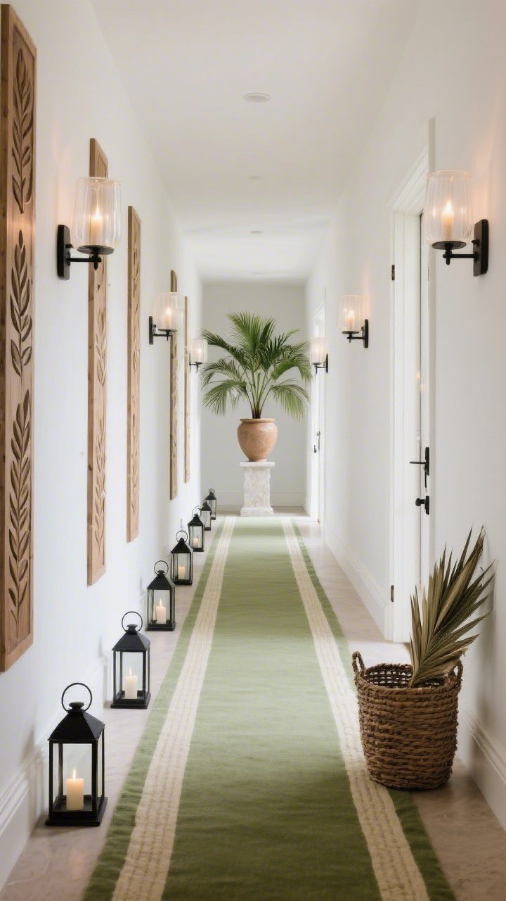 Processional-inspired hallway, linear composition: long, straight-on perspective with a sage-green runner trimmed in cream guiding the eye; staggered black iron-and-glass lanterns lining the baseboards; soft white walls adorned with narrow wood panels carved with leaf motifs; simple wall sconces with frosted shades mimicking candlelight; at the end of the hall, a pedestal holding a large urn filled with areca palms as a dramatic focal point; woven basket near the door with folded palm branches; palette of white, sage, black iron, natural wood; photorealistic, soft ambient glow.