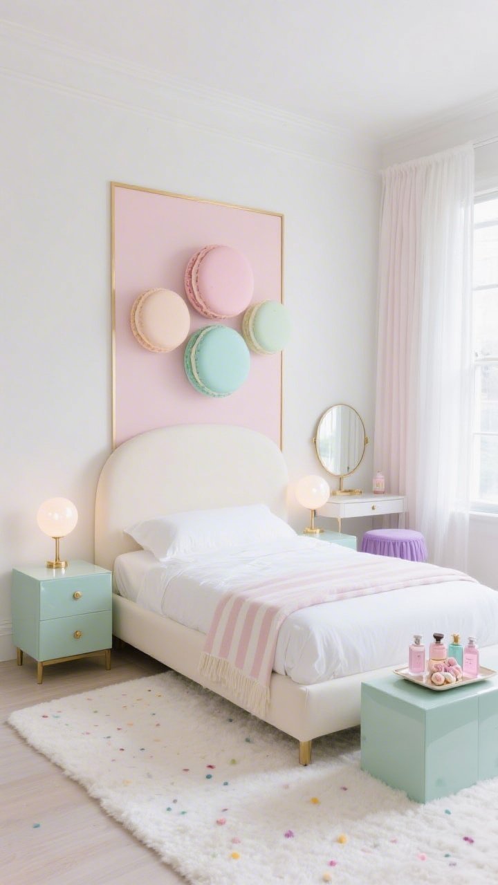 Serene medium shot, straight-on view of a Marshmallow Minimalist Bedroom: marshmallow white walls with a single peppermint blush headboard wall framed by thin gold trim, rounded-edge cream-upholstered bed dressed in crisp white linen with a taffy-striped throw across the foot, glossy mint cube nightstands topped with orb lamps glowing like sugar pearls, trio of oversized macaron discs as sculptural art above the bed, petite dessert-style vanity by the window with a round mirror, lilac skirted stool, and a tray of pastel perfume bottles like bonbons, plush ivory rug with barely-there confetti flecks, brushed brass hardware, layered sheer white and pale mint blackout curtains, soft diffused morning light, photorealistic