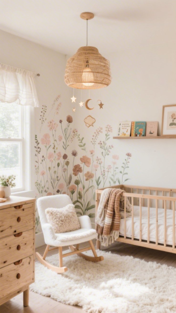 Soft, sunlit nursery wide shot with muted, hand-sketched wildflower wallpaper in dusty blush, sage, and warm taupe on a creamy base; natural wood crib with simple white bedding; white rocking chair with a teddy boucle cushion; birch dresser with leather pulls; plush ivory rug grounding the space; mobile of tiny wicker moons and stars hanging above; paper lantern or rattan flush mount providing gentle glow; muslin swaddles in earthy tones and a knitted throw draped neatly; slim picture ledges displaying storybooks and soft-toned prints; soothing Scandinavian-boho mood, photorealistic.