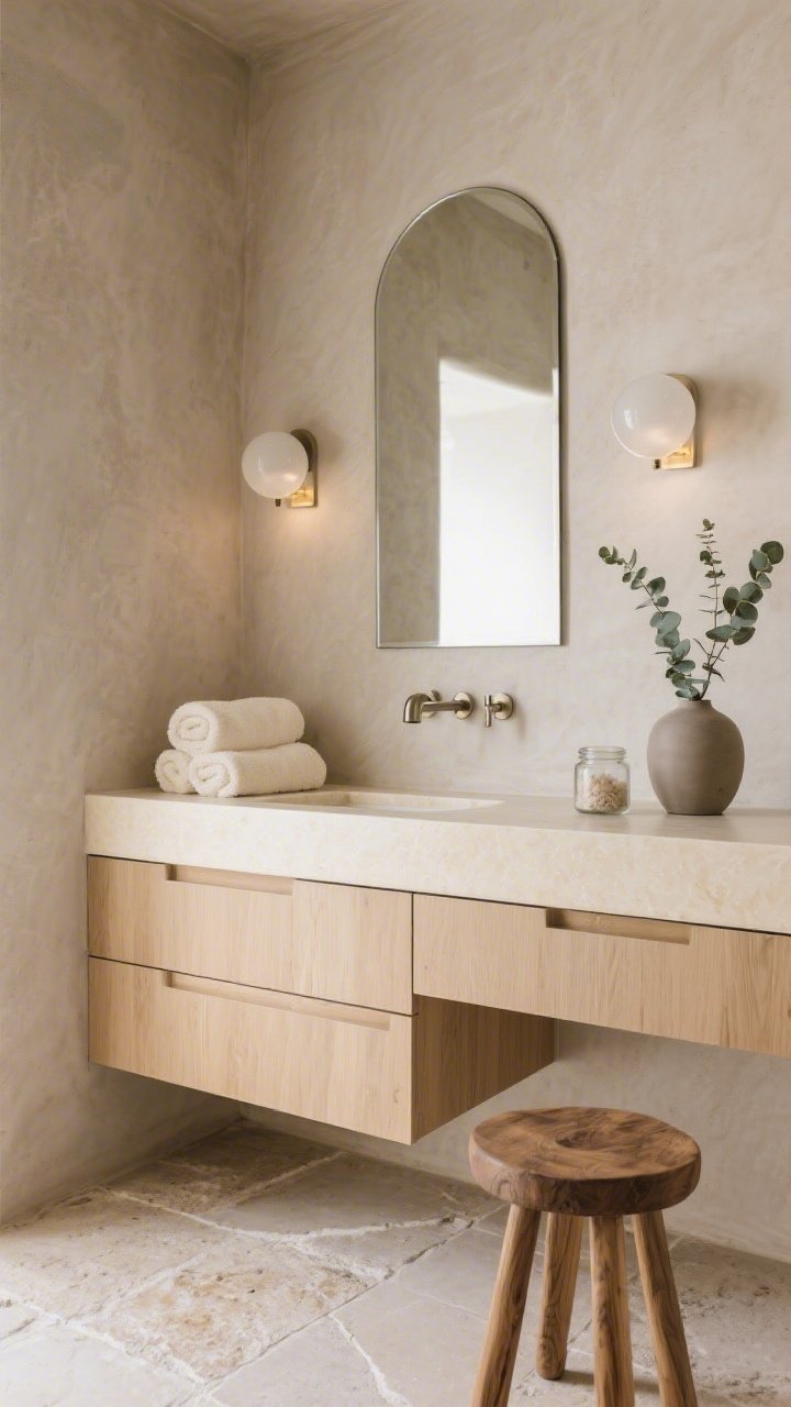 Spa bathroom detail shot, straight-on vanity focus: warm greige microcement/tadelakt-effect walls; honed limestone-look floor tile; light oak vanity with flat slab drawers and a creamy quartz countertop; thin-framed arched mirror softening the lines; wall-mounted brushed nickel faucet; frosted globe sconces on dimmers for a spa mood; fluffy ecru towels neatly folded; a teak bath stool; a single glass jar of bath salts and a matte ceramic bud vase with a sprig of eucalyptus; serene, clean-lined ambiance.