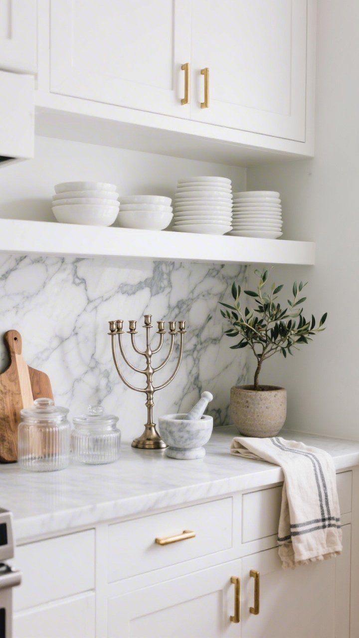 Straight-on closeup shelfie in a sleek kitchen: white cabinets, bold marble backsplash with gray veining. On an open shelf, a polished nickel menorah set between neatly stacked white bowls and a marble mortar and pestle; warm brass cabinet pulls visible below for mixed-metal contrast. A small olive tree in a stoneware pot to one side; linen tea towels, wood cutting boards, and clear glass canisters in the periphery. Bright, clean daylight; slightly asymmetrical styling.