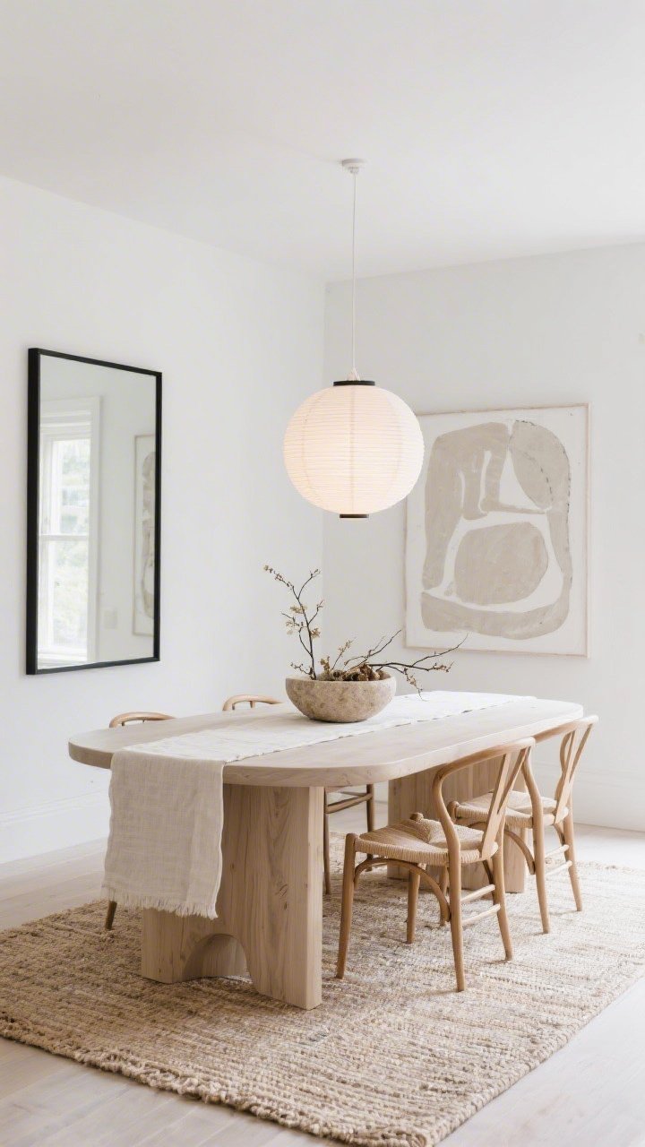 Straight-on dining room wide shot: soft white walls; pale matte oak dining table with rounded corners; sculptural wishbone-style chairs with natural cord seats; a linear paper lantern overhead for a gentle glow; sand-colored stone bowl with seasonal branches as centerpiece; light sisal rug defining the dining zone; a slim black-framed mirror expanding the space; one large abstract artwork in chalky neutrals; a casually unpressed linen table runner; minimalist yet textured mood.