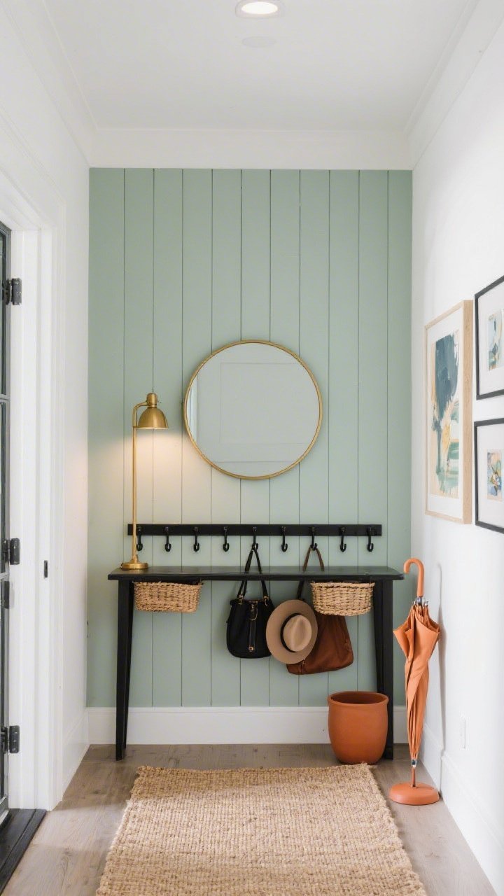Straight-on entryway gallery moment: painted vertical slat wall in soft sage with 1/2-inch gaps revealing a crisp white wall behind; a slim black-framed console mounted to the slats, woven baskets tucked beneath; a round mirror with a narrow brass rim floating centered above the console; sisal runner underfoot; row of black shaker pegs for bags and hats; brass picture light illuminating a small art grouping; terracotta umbrella stand adding a warm accent; clean, polished lighting, photorealistic, no people.