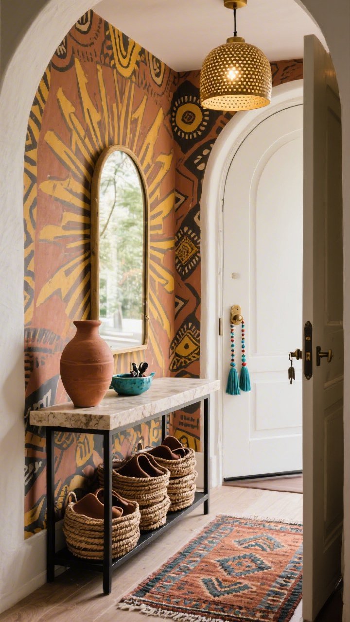 Straight-on entryway medium shot with bold sunburst-and-tribal motif wallpaper in warm clay, mustard, and charcoal; slim black metal console topped with a travertine slab; vintage kilim runner leading into frame; stack of woven baskets for shoes beneath console; tall arched mirror reflecting light and pattern; clay amphora on console, teal ceramic catchall for keys adding a color pop; beaded tassels on the door handle; tiny pendant overhead with a perforated brass shade casting dotted light; collected, worldly feel, photorealistic.