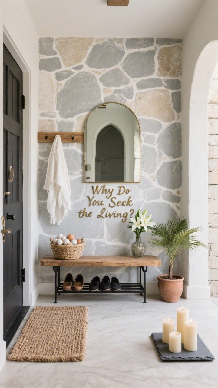 Straight-on entryway shot, “Empty Tomb Entryway”: Feature wall with stone-look wallpaper or limewash in dove gray and limestone tones. A simple wooden peg rail with a white shawl hanging like a quiet symbol of new life. Rustic narrow pine bench with a basket of linen-wrapped eggs and a small vase of lilies. Arched mirror above the bench evoking the tomb’s opening, reflecting soft light. Black metal shoe rack below, woven doormat, and a natural jute runner replacing the usual rug. Palette of dove gray, limestone, chalk, soft gold. Metal script sign reading “Why Do You Seek the Living?” and a cluster of pillar candles on a slate tray. A palm in a clay pot completes the scene. Photorealistic, welcoming, no people.