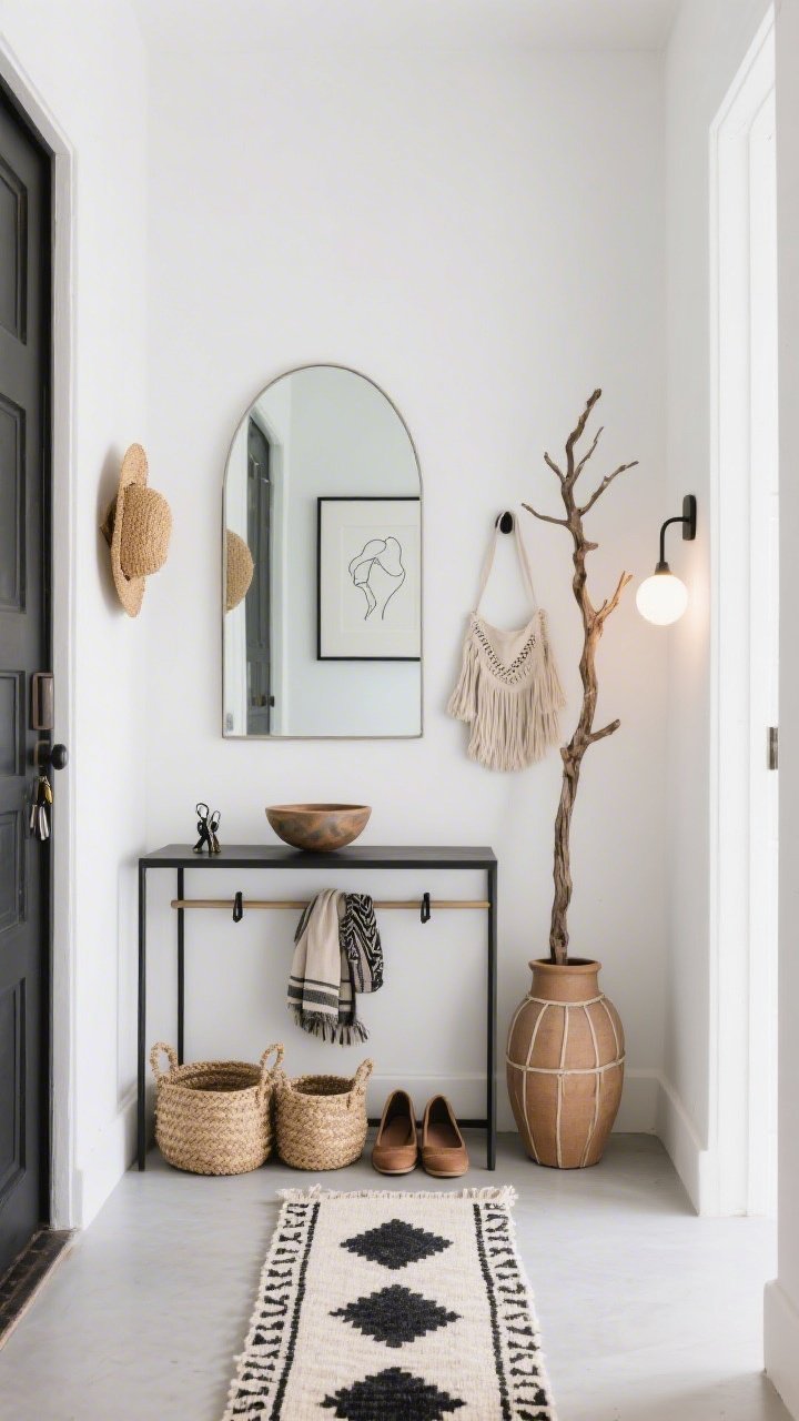 Straight-on entryway shot, Minimalist Boho Entryway: crisp white walls, a slim black metal console topped with a hand-thrown ceramic bowl for keys; oversized arched mirror above reflecting light; narrow Moroccan runner in cream with black diamonds along the floor; two seagrass baskets tucked beneath the console for shoes and scarves; peg rail with a straw hat and tassel bag providing texture; a tall sculptural branch in a floor vase as the statement piece; linen drum sconce casting a soft glow; a small berber pouf for slipping on shoes; single framed line drawing on the wall; clean, calm, photorealistic.