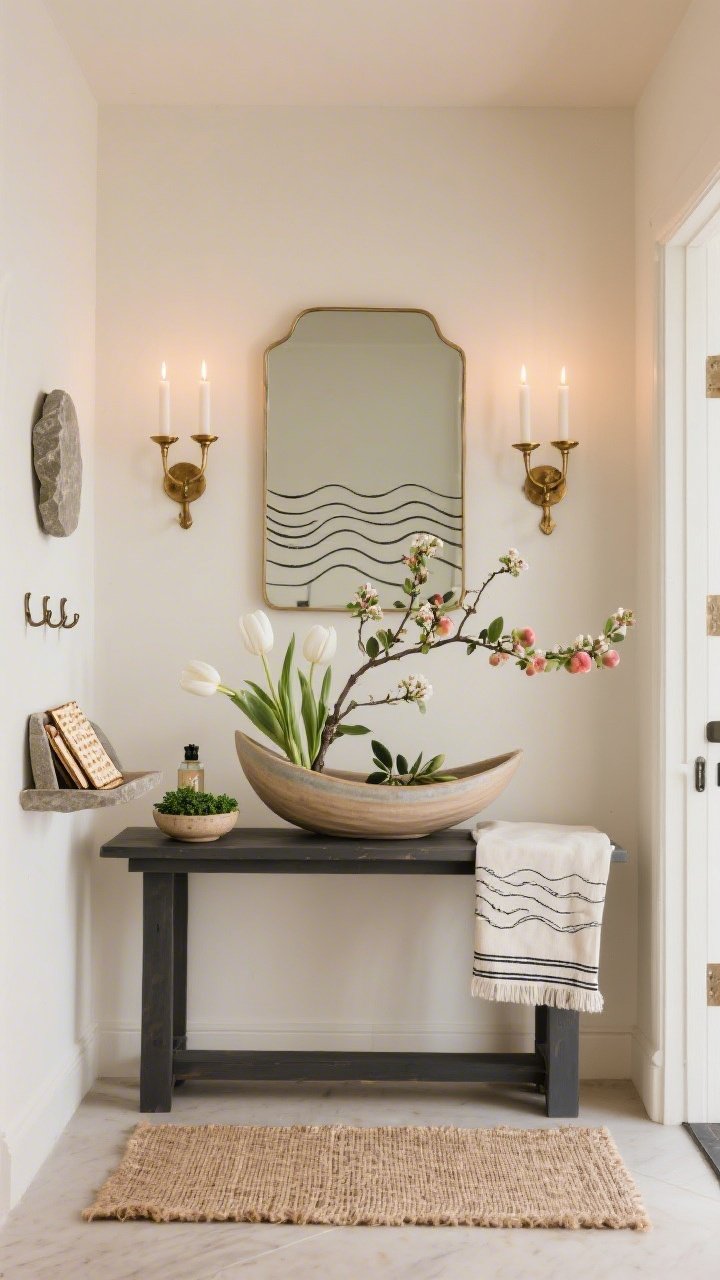 Straight-on entryway shot: Serene, minimalist foyer with warm ivory walls, a charcoal console table, and a woven jute runner; above the console, a simple mirror reflecting soft candlelight from a trio of brass candlesticks; centerpiece is an elongated ceramic boat holding a sculptural spring arrangement—arching branches of blooming quince, white tulips, and olive leaves; a small ceramic dish of fresh parsley with a tiny misting bottle beside it; aged brass hooks on the wall; a stone catchall tray with neatly folded matzah cover; monochrome line drawing of parted waves as subtle art; calm, candlelit welcome.