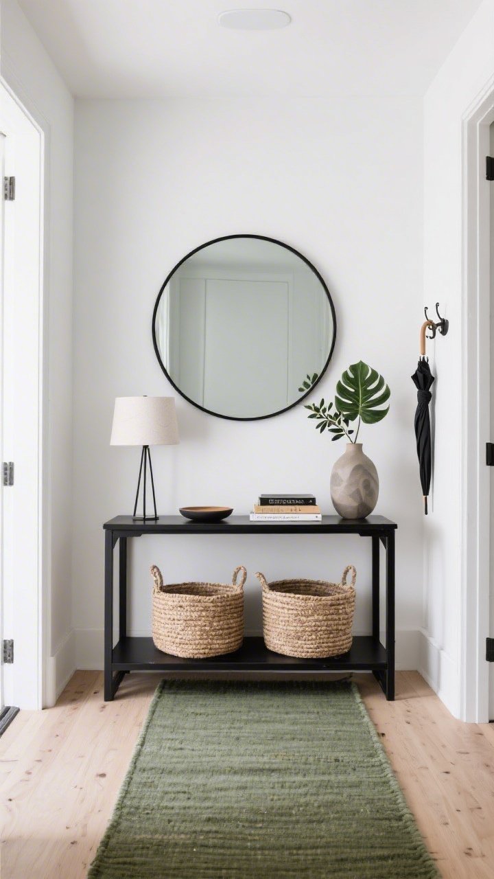Straight-on entryway vignette: black metal console table against a white wall, large round statement mirror above reflecting light, narrow runner rug underfoot, two woven baskets neatly tucked below the console, surface styled minimally with a slim ceramic lamp, a catchall dish, and a small stack of design books, wall hooks and an umbrella stand off to the side, a sculptural vase holding a fresh olive branch or a single monstera leaf; palette black, white, natural wood, olive green; bright but cozy, welcoming light