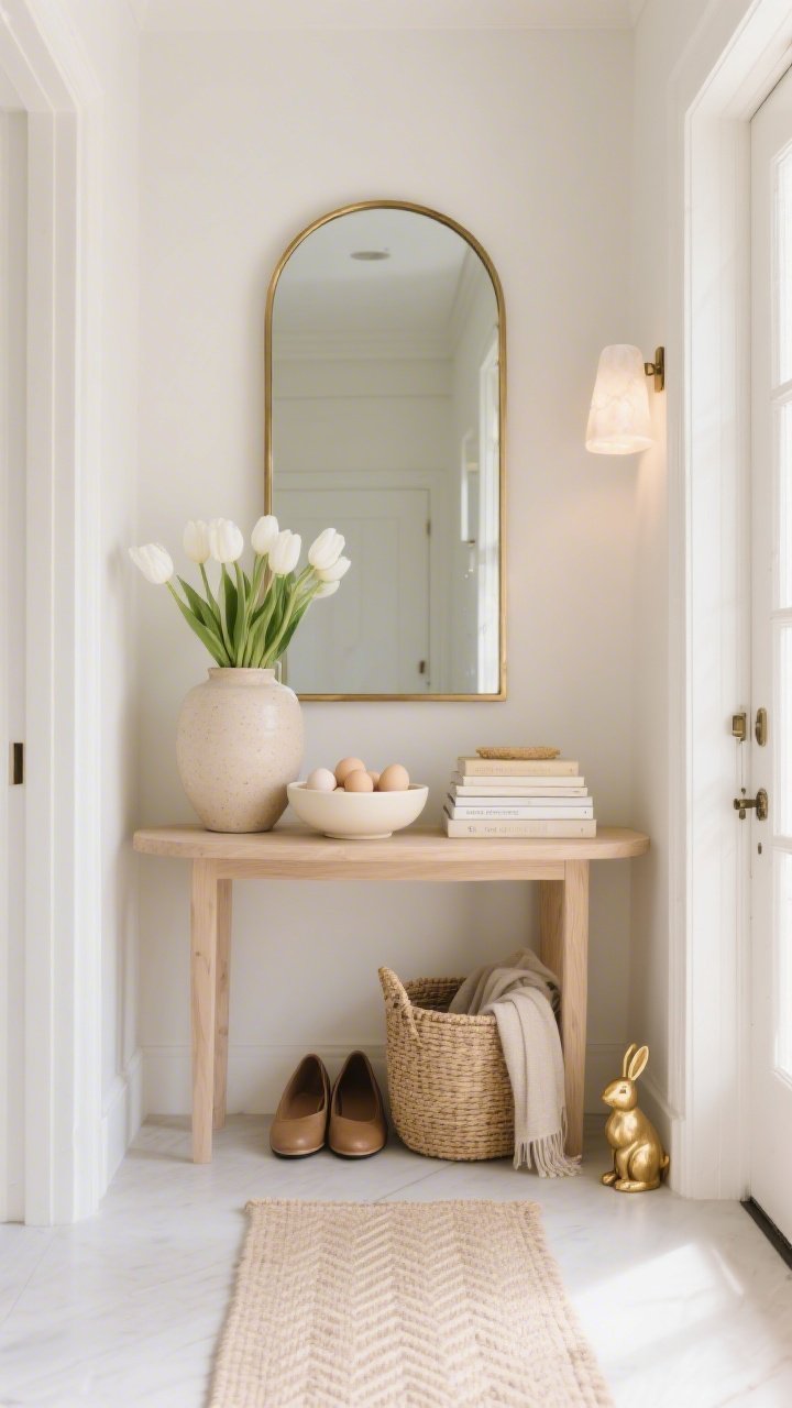 Straight-on, light-filled entryway vignette: clean-lined pale oak console beneath a tall arched mirror framed in brushed brass. On the console, a stoneware vase of white tulips, a low cream ceramic bowl filled with neutral eggs, and a tidy stack of linen-bound books. Below, a woven basket for shoes and scarves. A slim runner in soft beige herringbone leads in; a small tasteful gold rabbit figurine rests at one corner; an alabaster sconce provides diffused glow. Crisp beige, cream, and warm white palette; photorealistic.