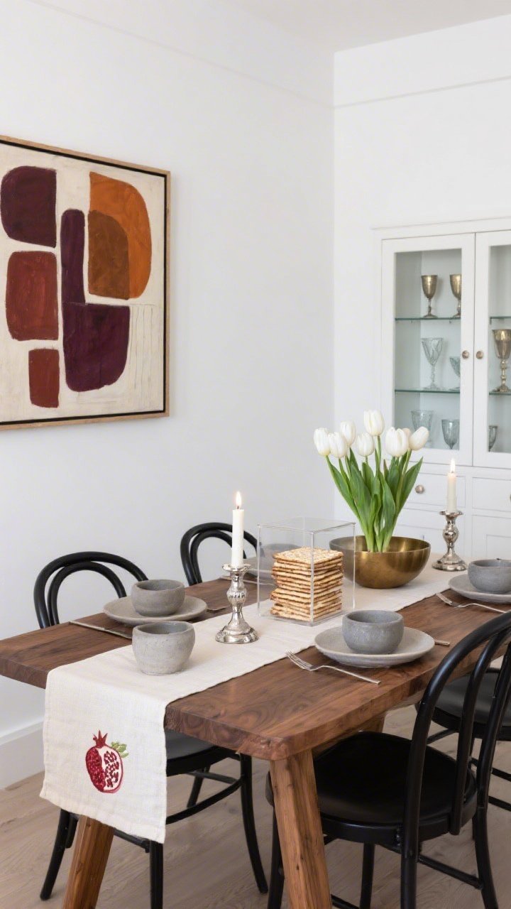 Straight-on medium dining shot, Heritage Modern Dining: crisp white walls, a smoked oak dining table, and black wishbone chairs; table set with modern stoneware and vintage silver candlesticks providing warm glow; a linen runner subtly embroidered with a small pomegranate motif; centerpiece of stacked matzah in a minimalist acrylic box—sculptural; on the wall, a contemporary abstract artwork in wine and rust tones; a glass-front hutch displaying inherited goblets and kiddush cups; simple white tulips in a low brass bowl; balanced mix of heirloom and modern, photorealistic.
