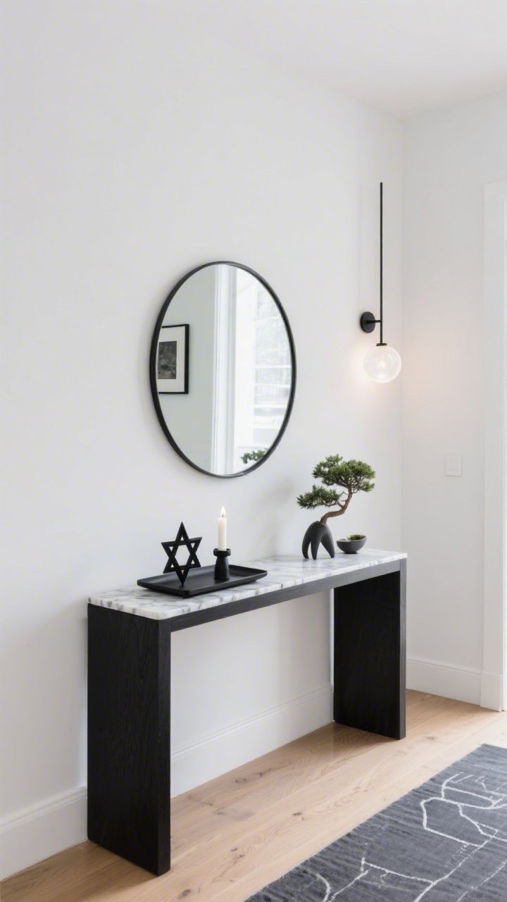 Straight-on medium entryway shot, minimalist and serene: narrow black console table against a white wall, oversized round mirror above; on a black-and-white marble tray sits a matte black Star of David candle holder with a single lit white taper; tiny bonsai and a slim sculptural catchall beside it; slim wall sconce with frosted globe provides soft illumination; pale oak floor with a graphite runner; one small abstract print in a black frame with ample white space; crisp, intentional composition, photorealistic.