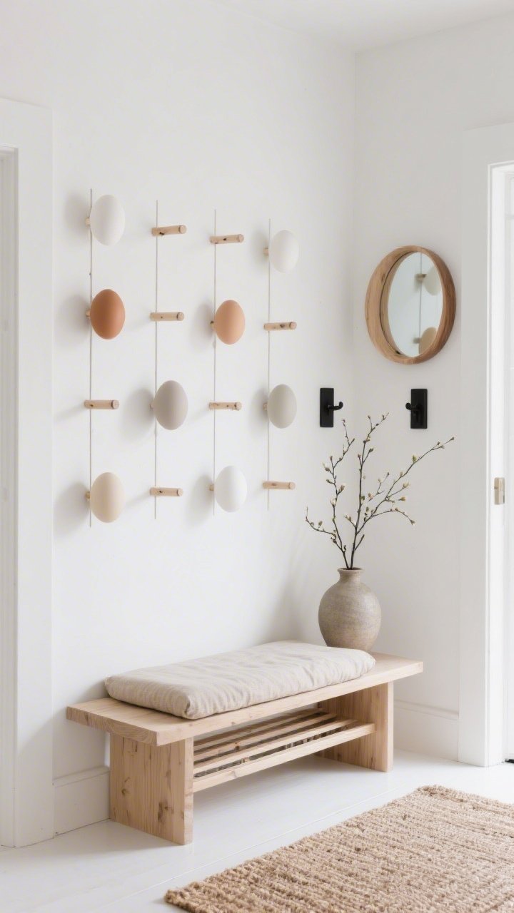 Straight-on, medium entryway view of a crisp white wall featuring a precise egg grid in soft neutrals—warm greige, pale clay, oatmeal, snowy white—each mounted on slim birch pegs casting subtle shadows; beneath sits a light-wood bench with slatted shelf and a natural linen seat pad; matte black wall hooks flank a round oak mirror; a natural coir runner lines the floor; include a single stoneware vase holding a budding willow branch; photorealistic, serene Scandinavian minimalism with raw wood, linen, and matte ceramic textures.