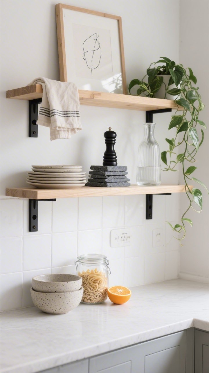 Straight-on medium kitchen “shelfie”: blonde wood shelves with matte black brackets against crisp white tile; lower counters left bare; shelves arranged with stoneware bowls, a small stack of speckled plates, clear jars of oats, pasta, and dried citrus; a trailing pothos cascading from the top shelf; one minimalist framed line drawing; accents include linen tea towels, slate coaster stack, black pepper mill; ribbed glass carafe catching soft morning light; palette of white, blonde wood, matte black, soft gray; minimalist Scandinavian, photorealistic.