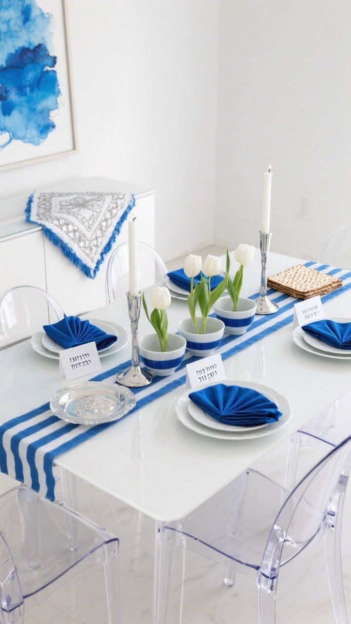 Straight-on medium shot: A contemporary blue-and-white tablescape on a glossy white table with clear Lucite chairs, creating a floating effect. A striped blue runner anchors minimalist white dishware, with cobalt napkins folded into elegant fans atop plates. A linear centerpiece of low blue-and-white porcelain bowls filled with white tulips. Sleek chrome candleholders with white tapers reflect in mirrored coasters. A frosted glass Seder plate glows under bright, clean lighting. Acrylic place cards and modern Haggadahs with crisp typography at each setting. A blue watercolor print leans on a sideboard; a minimal matzah cover embroidered in silver nearby. Palette: cobalt, sky blue, white, chrome.